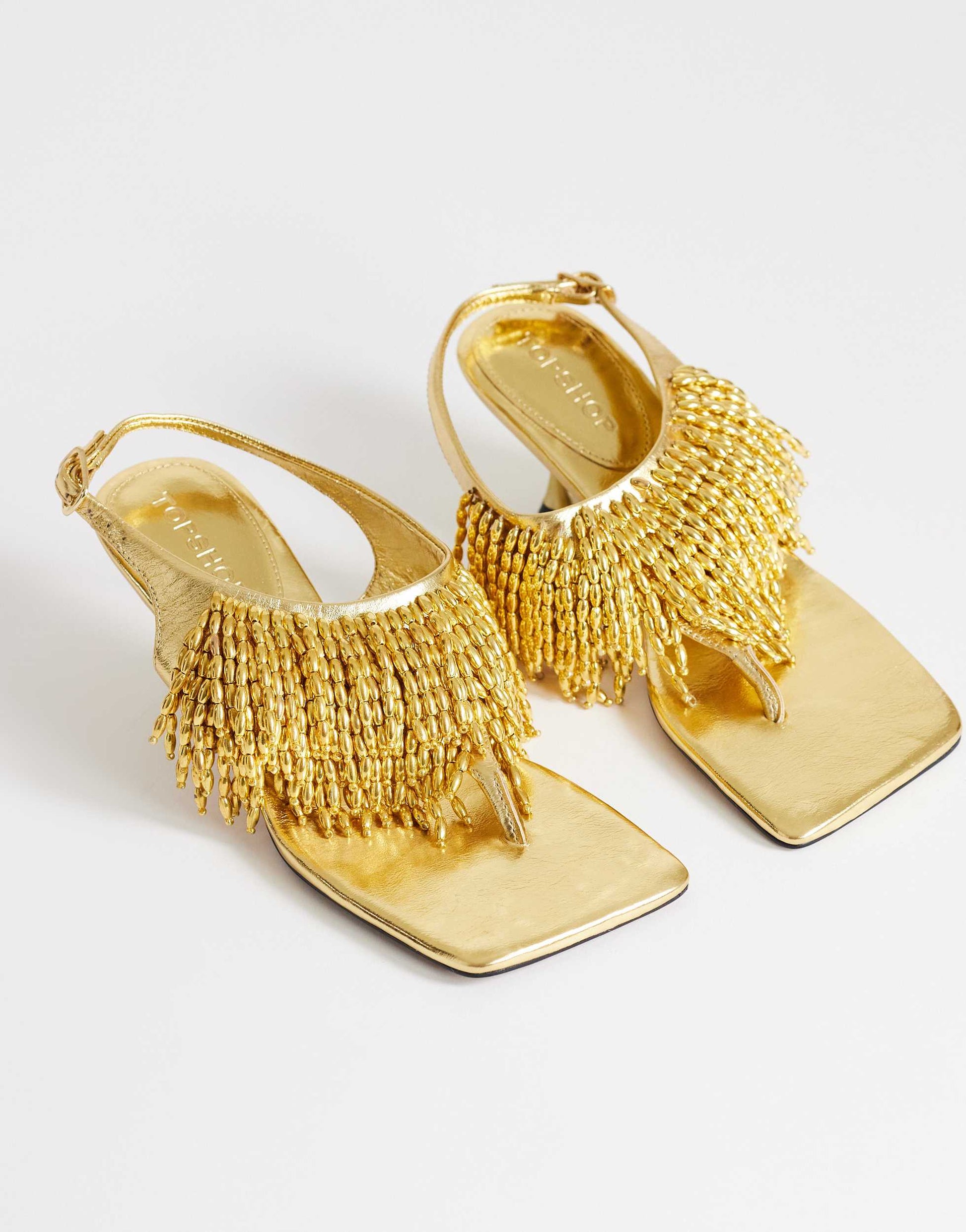 Topshop Night beaded  toe thong heeled sandal in gold