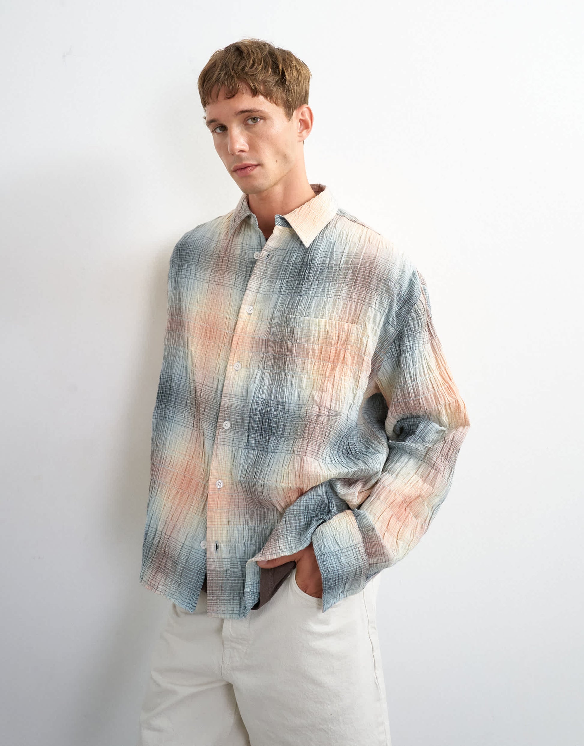 Topman oversized fit crinkle check shirt in grey