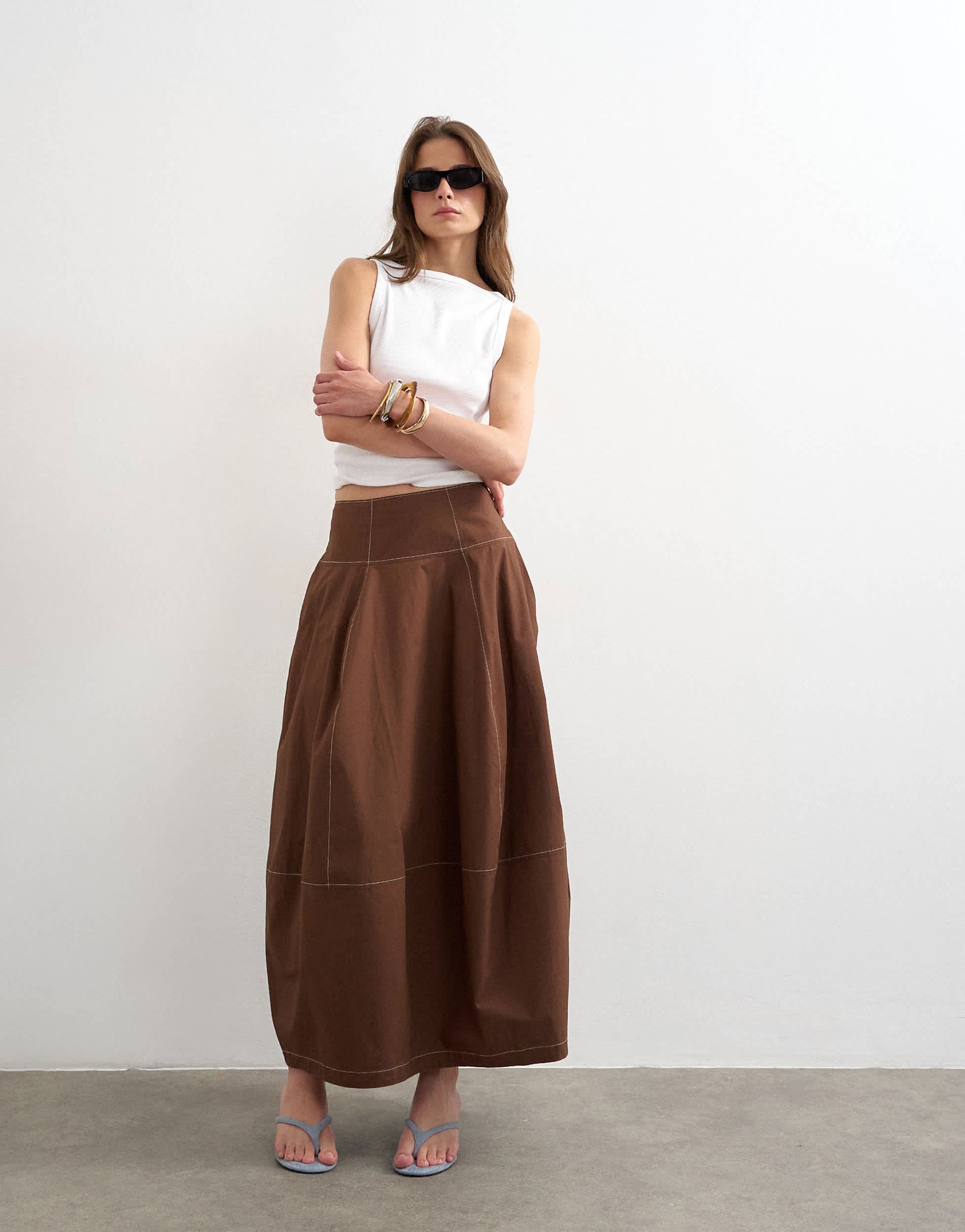 Topshop poplin barrel seamed maxi skirt in chocolate
