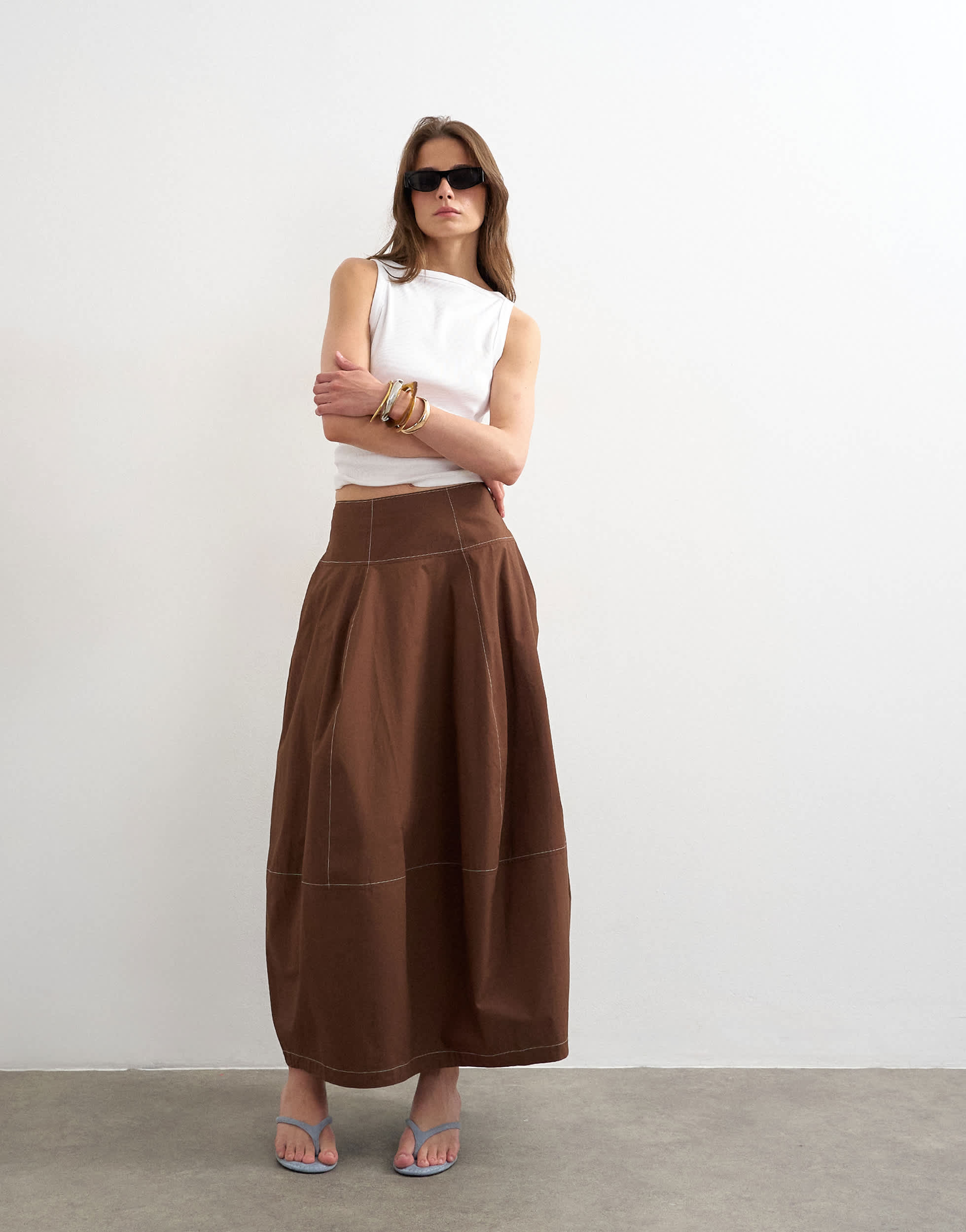 Topshop poplin barrel seamed maxi skirt in chocolate