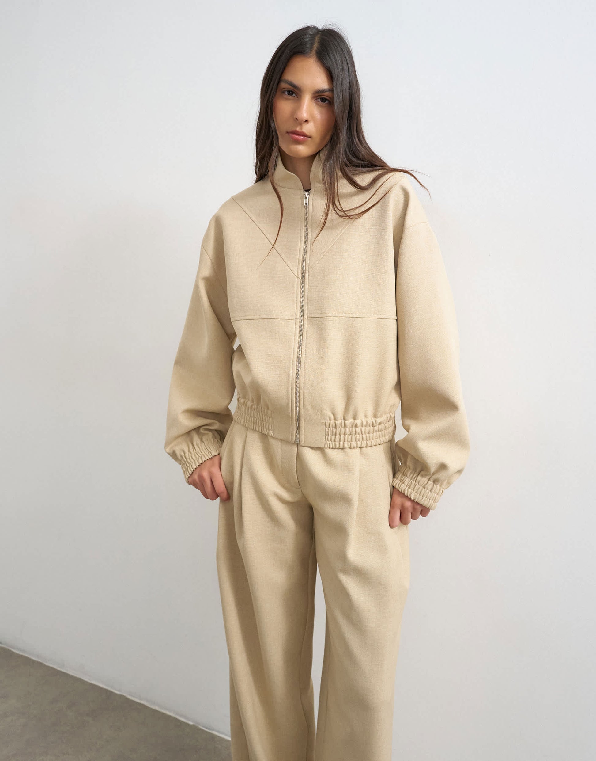 Topshop co ord funnel neck jacket in sand