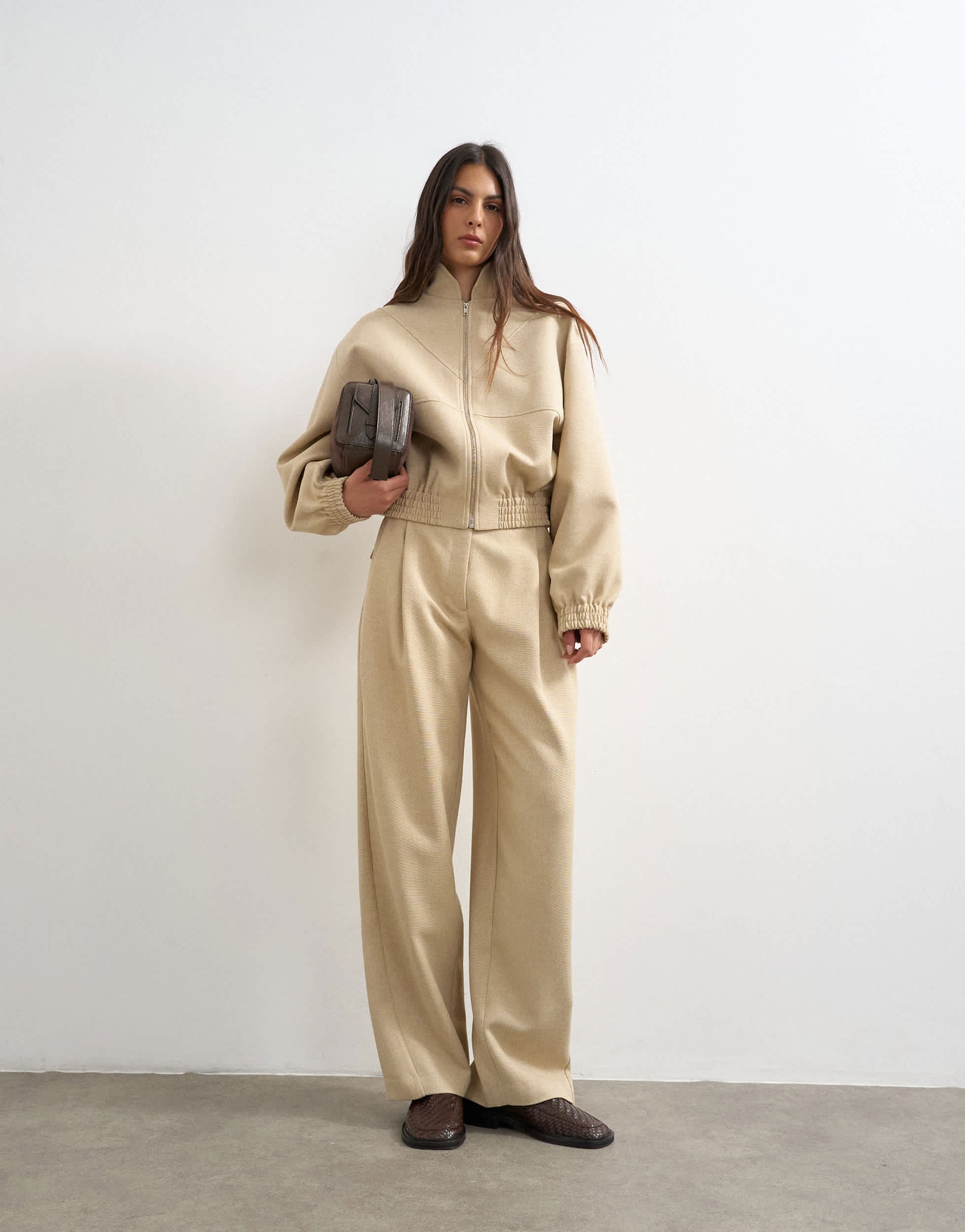 Topshop co ord funnel neck jacket in sand