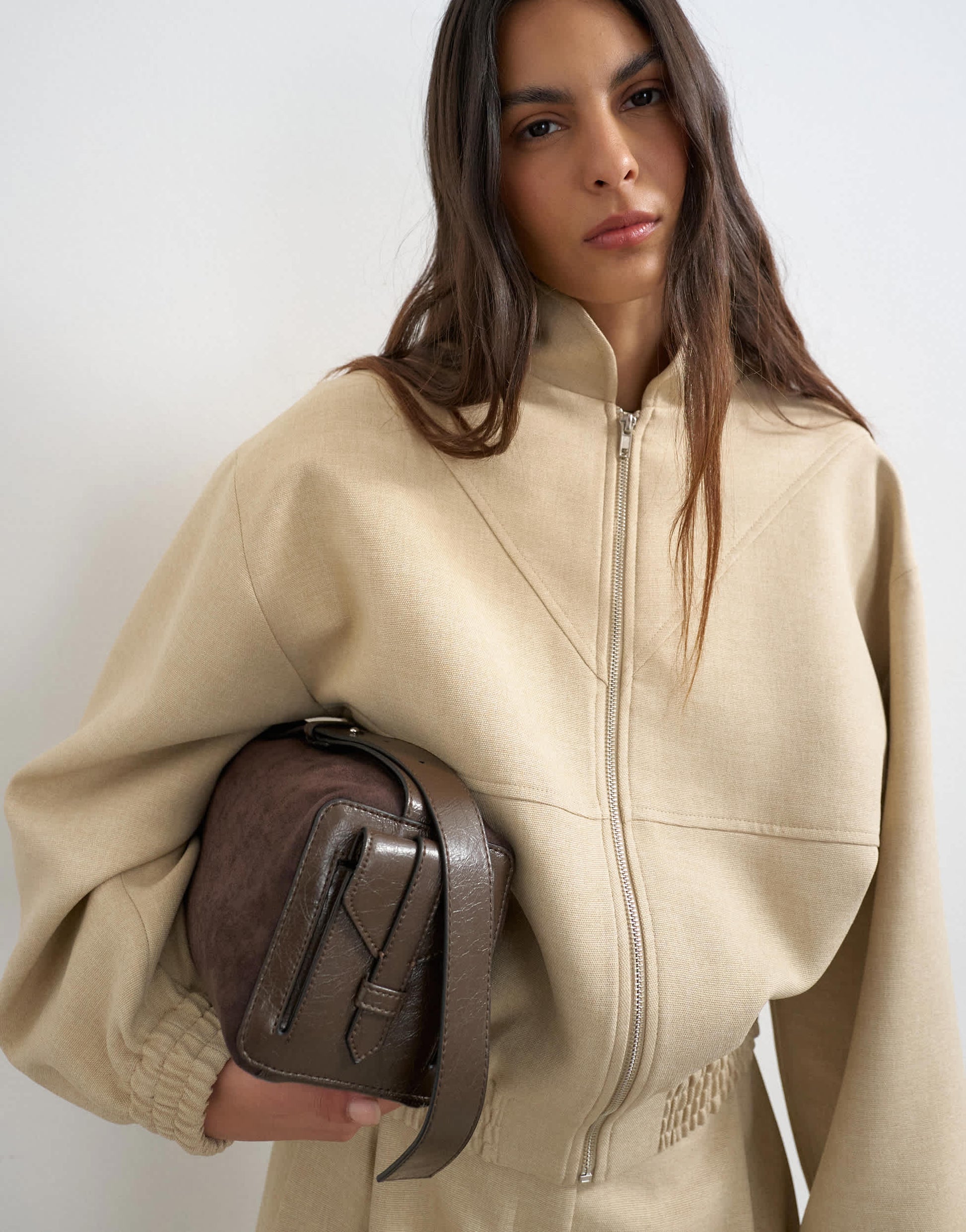 Topshop co ord funnel neck jacket in sand