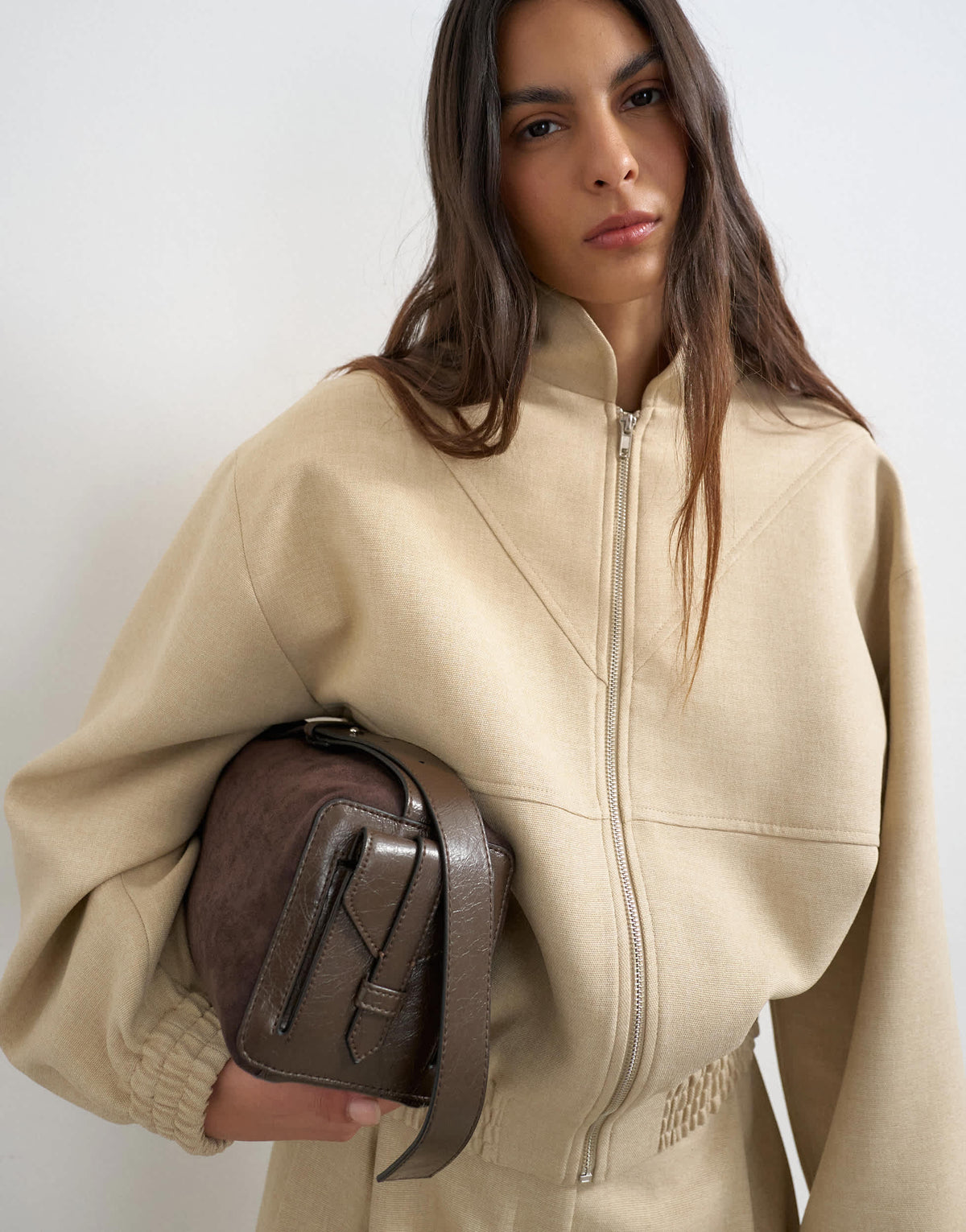 Topshop co ord funnel neck jacket in sand