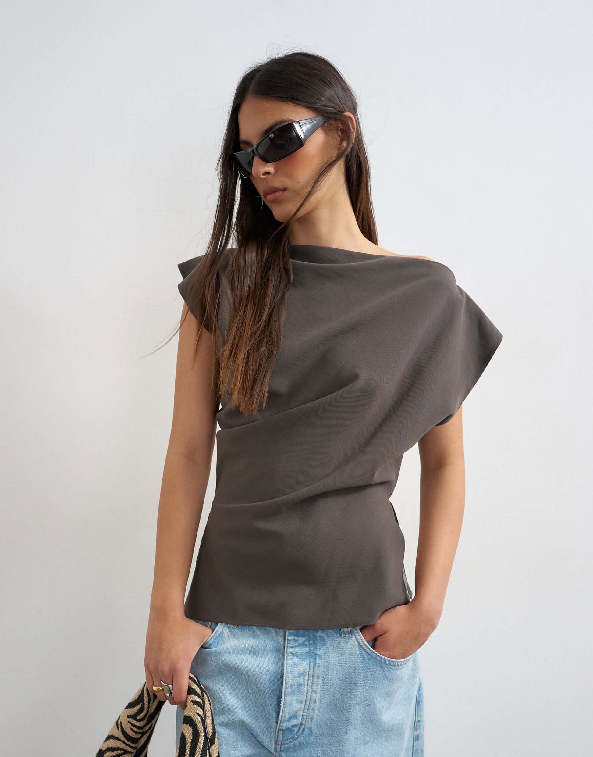 Topshop co ord asymmetric off shoulder top in charcoal 