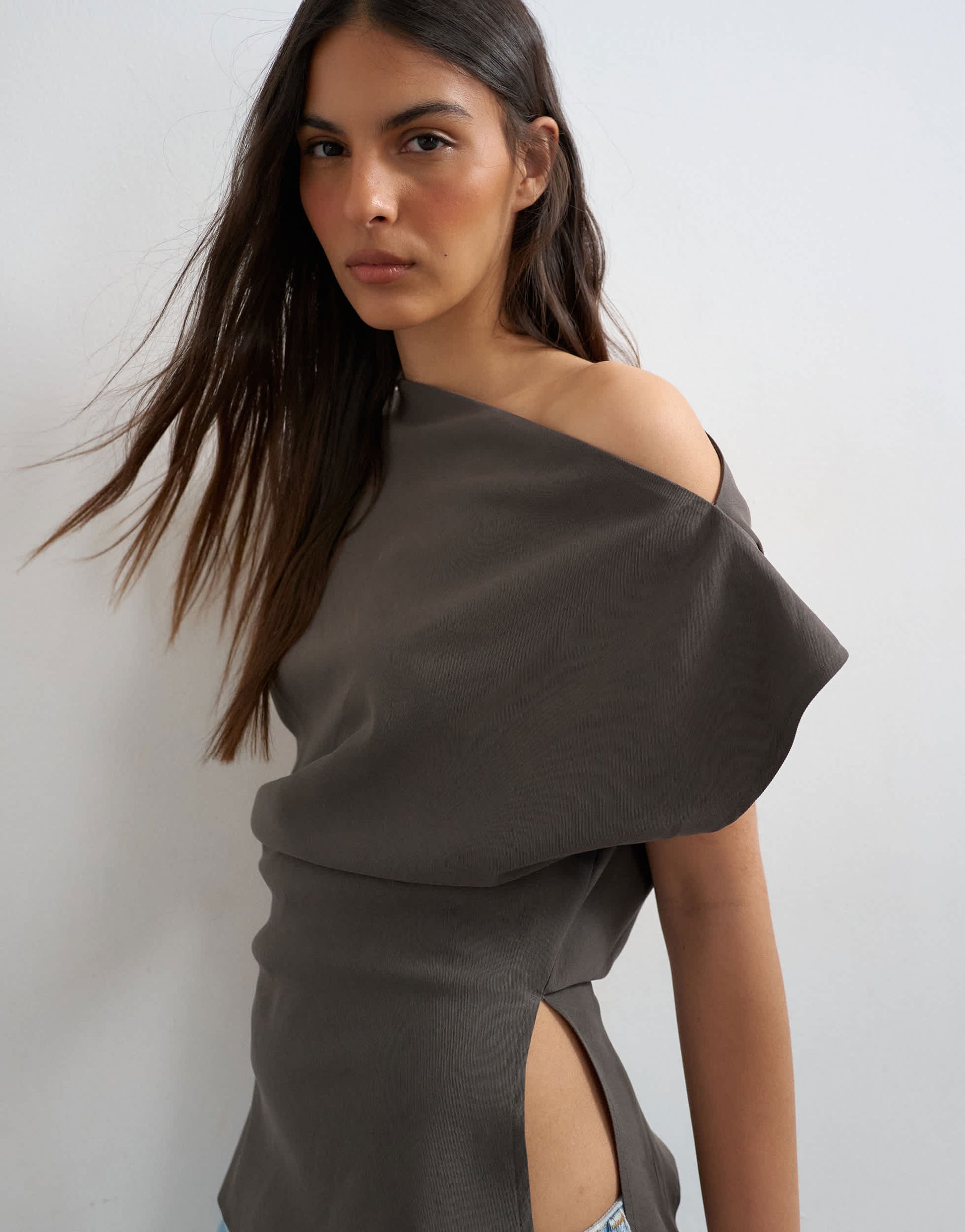 Topshop co ord asymmetric off shoulder top in charcoal 