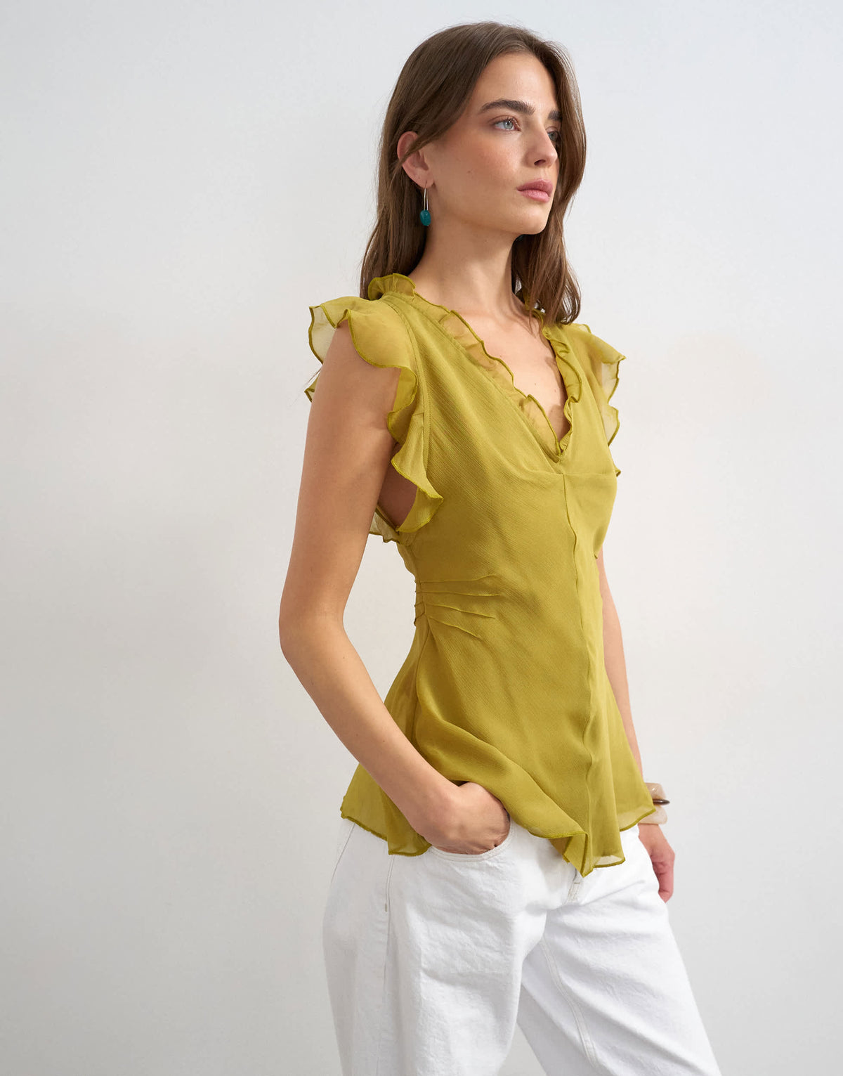 Topshop soft v neck ruffle sleeve tea blouse in green