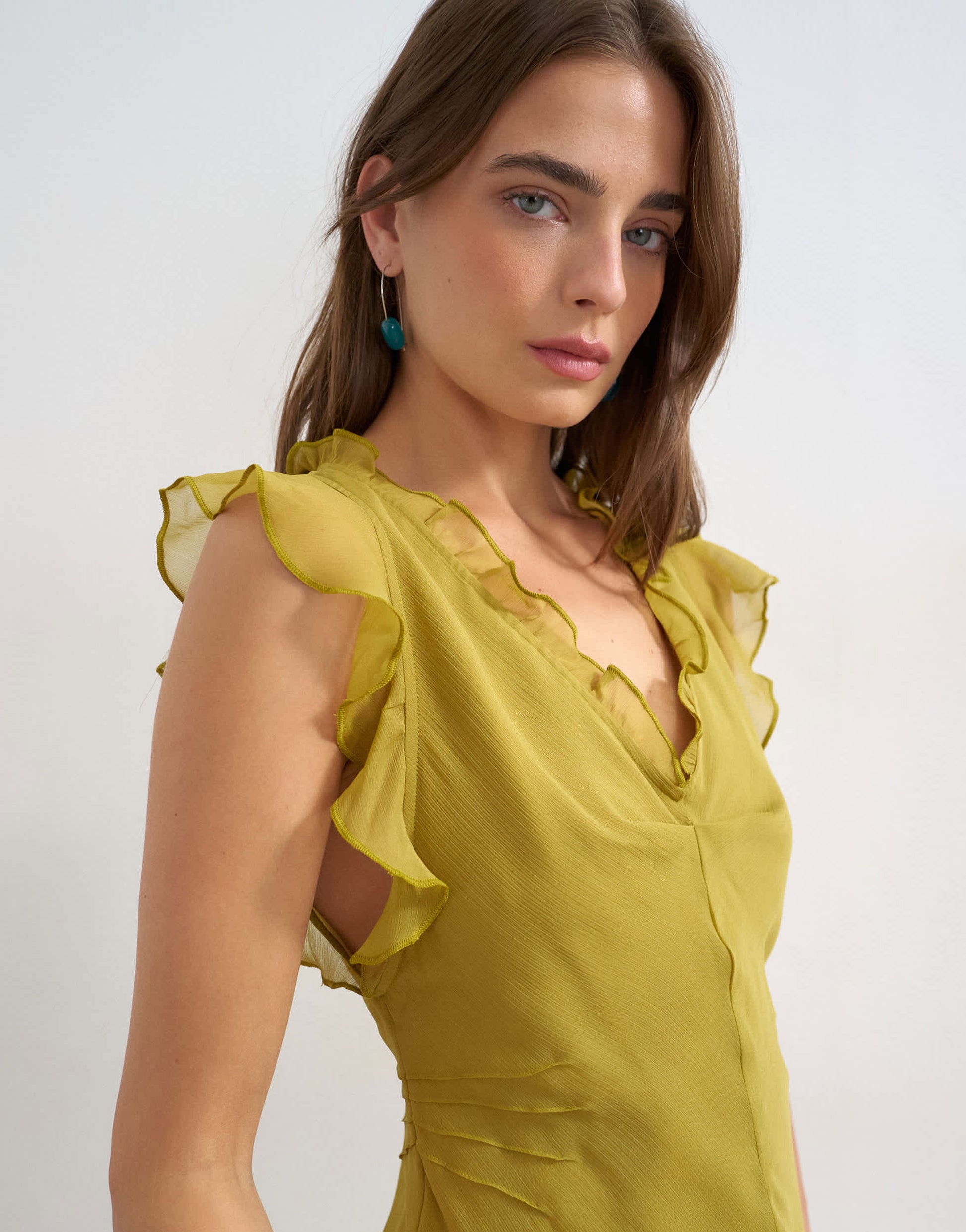 Topshop soft v neck ruffle sleeve tea blouse in green