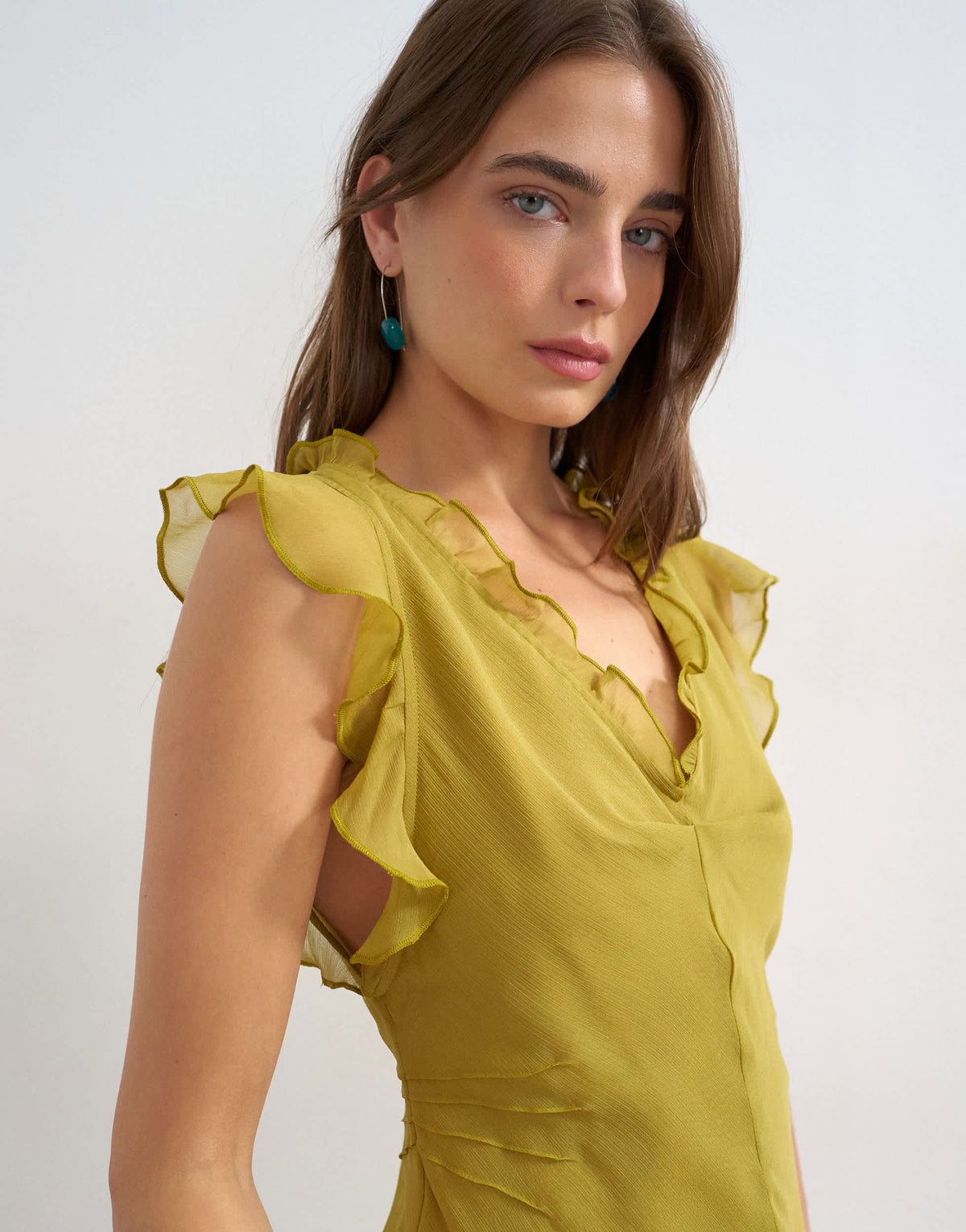 Topshop soft v neck ruffle sleeve tea blouse in green