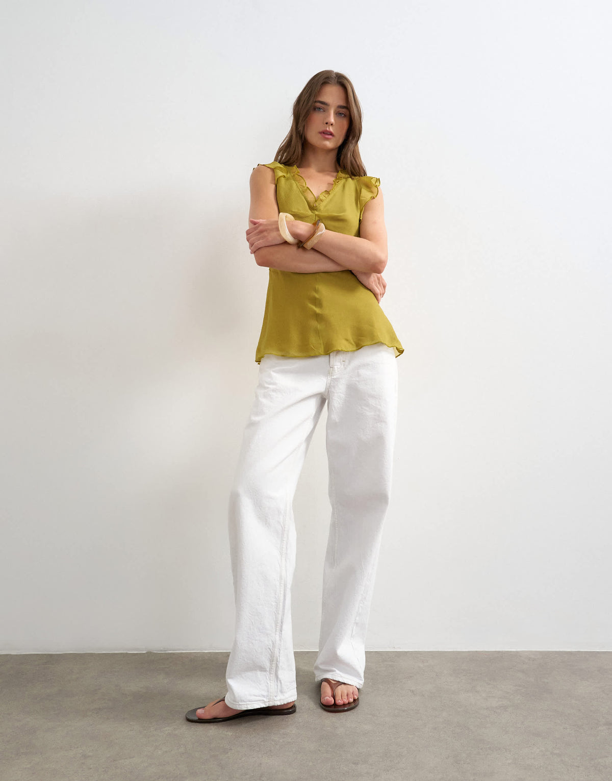 Topshop soft v neck ruffle sleeve tea blouse in green