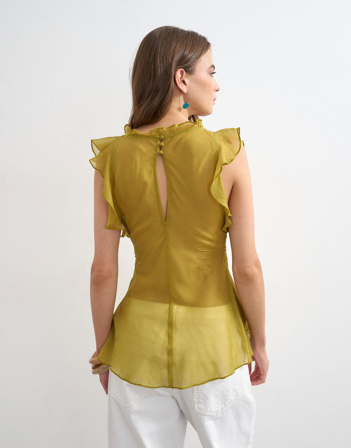 Topshop soft v neck ruffle sleeve tea blouse in green