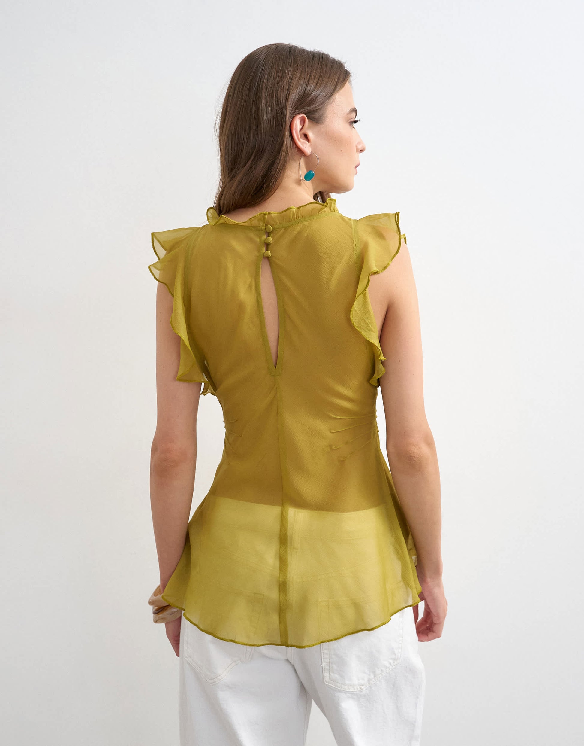 Topshop soft v neck ruffle sleeve tea blouse in green
