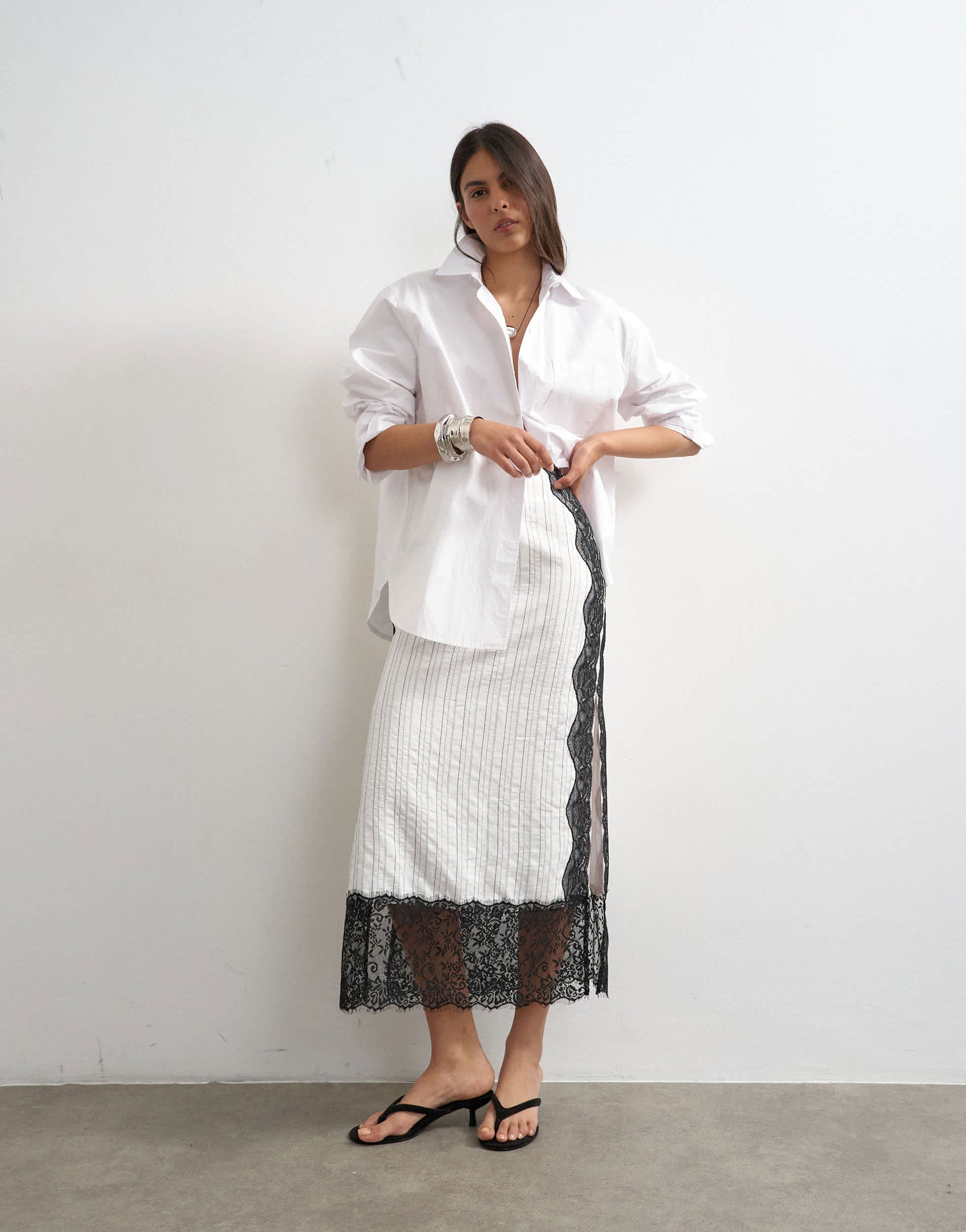 Topshop lace panel column maxi skirt in white stripe