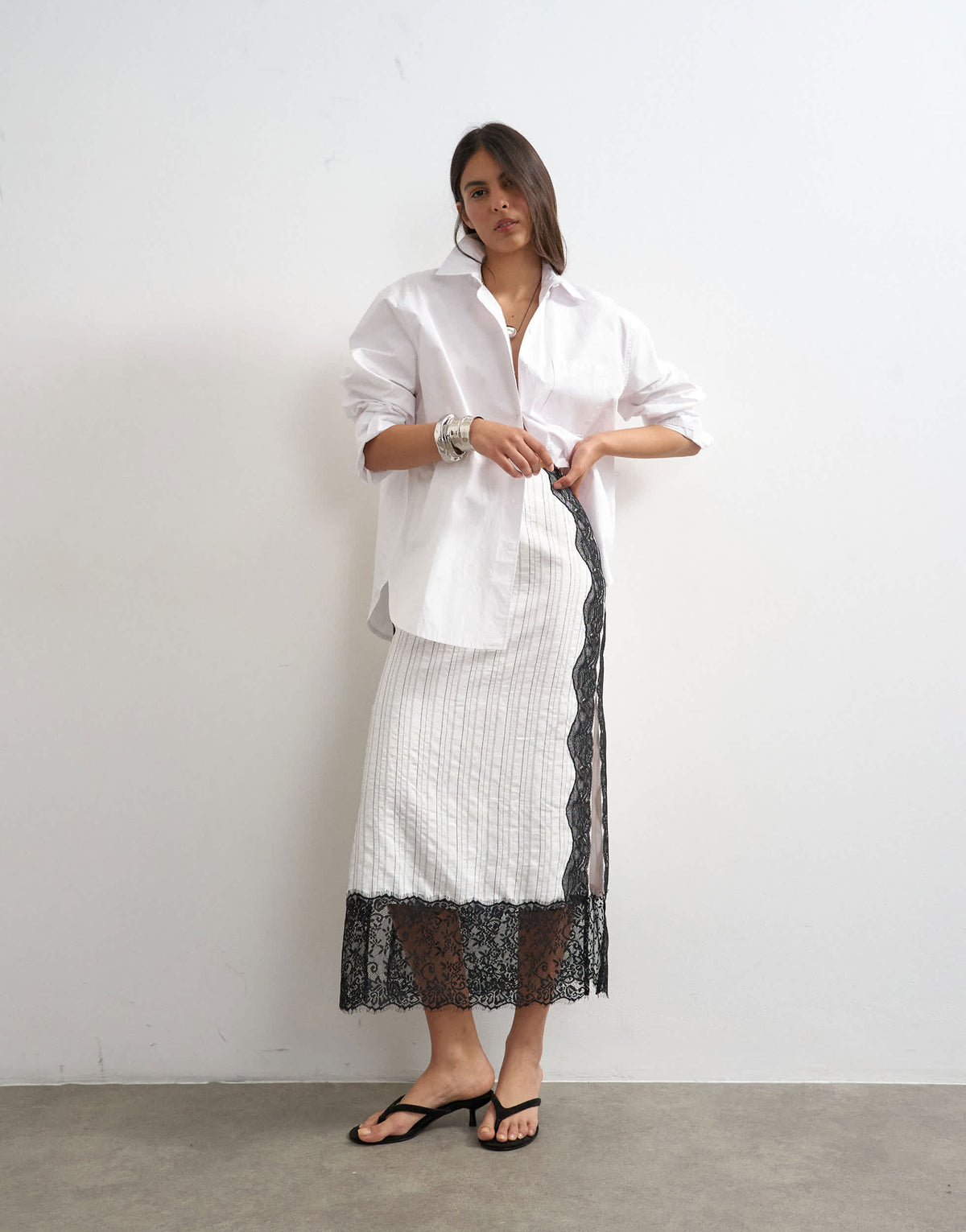 Topshop lace panel column maxi skirt in white stripe