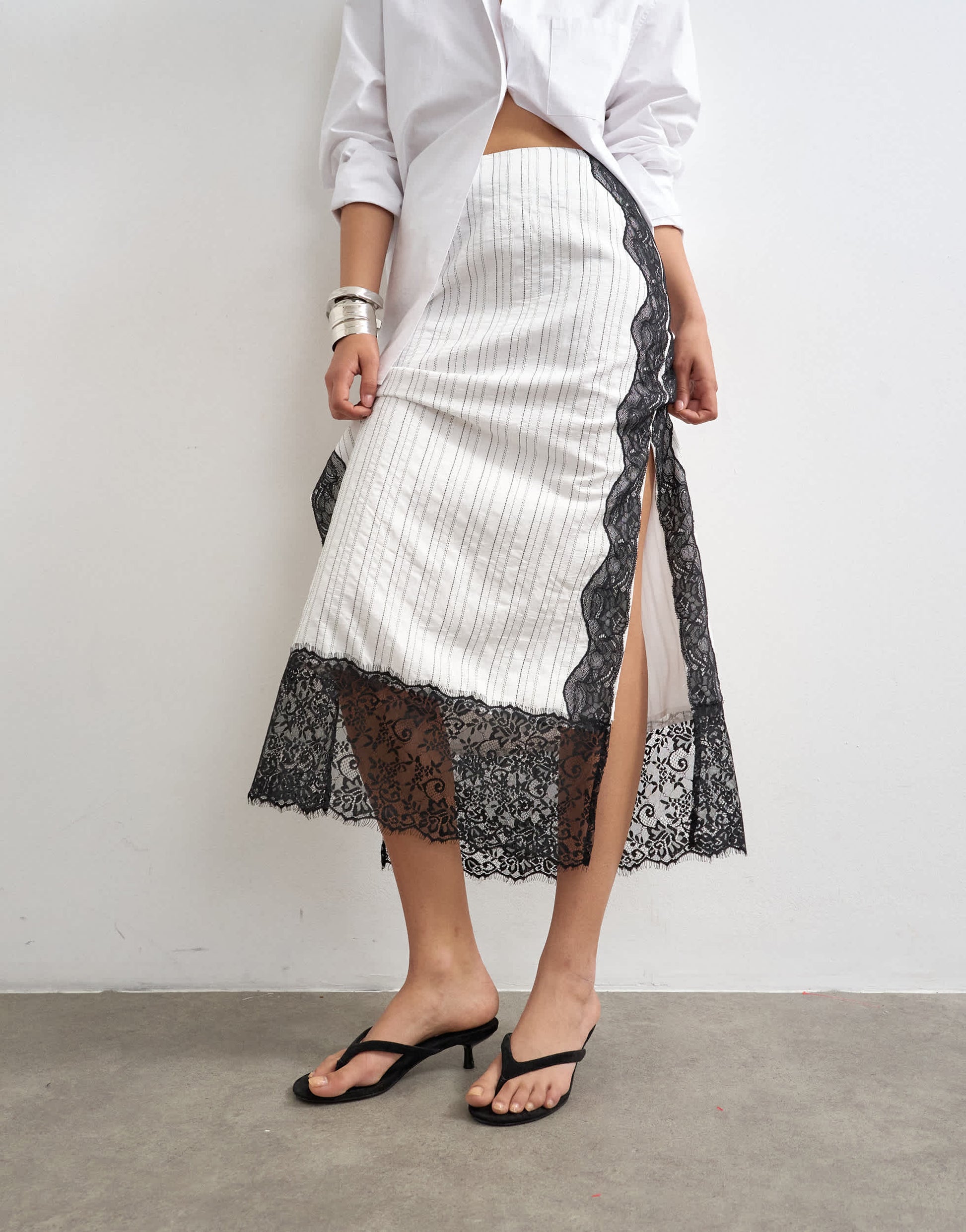 Topshop lace panel column maxi skirt in white stripe