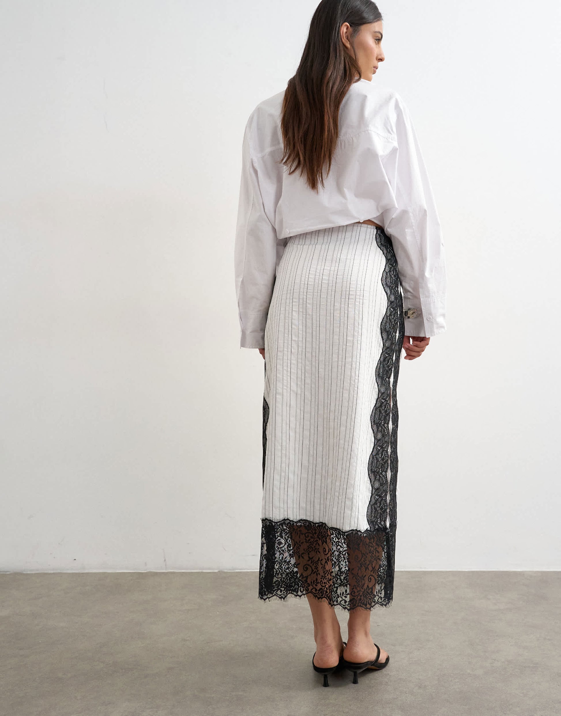 Topshop lace panel column maxi skirt in white stripe