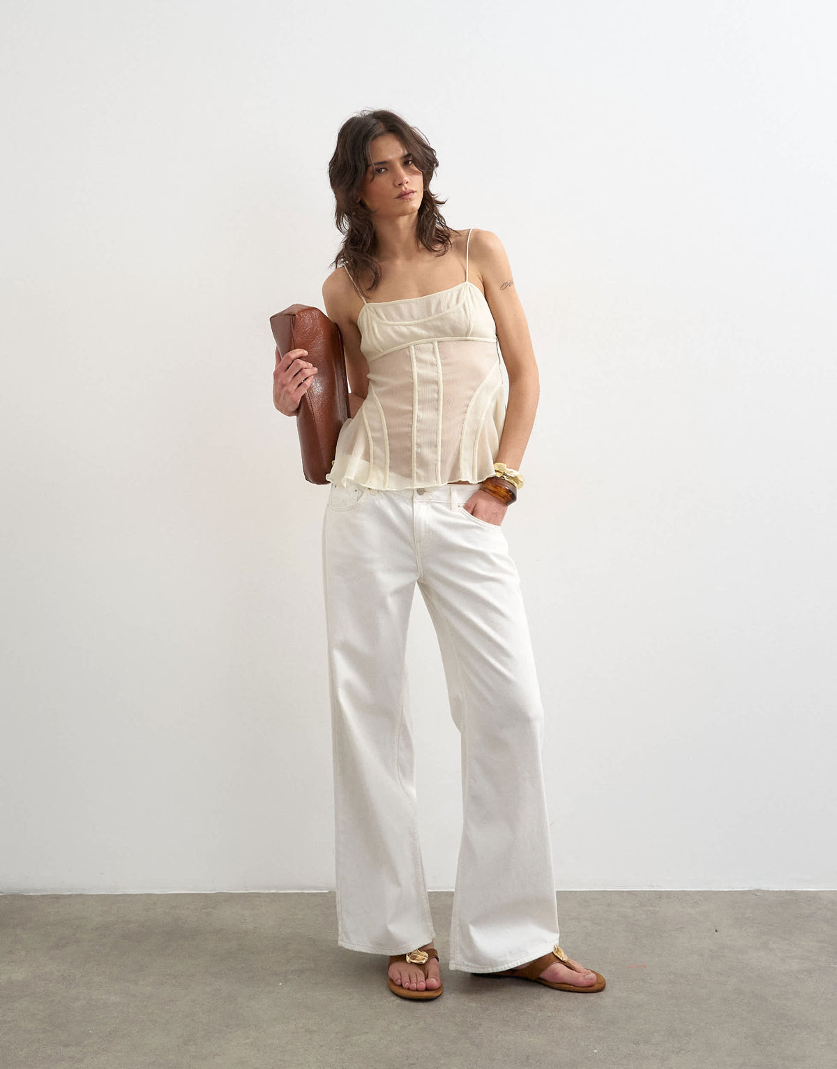 Topshop sheer seam detail cami top in cream