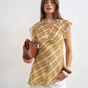 Topshop sheer drape neck top in warped pastel check