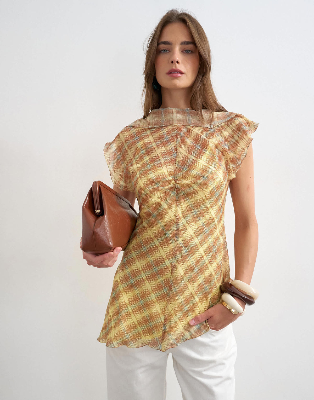 Topshop sheer drape neck top in warped pastel check