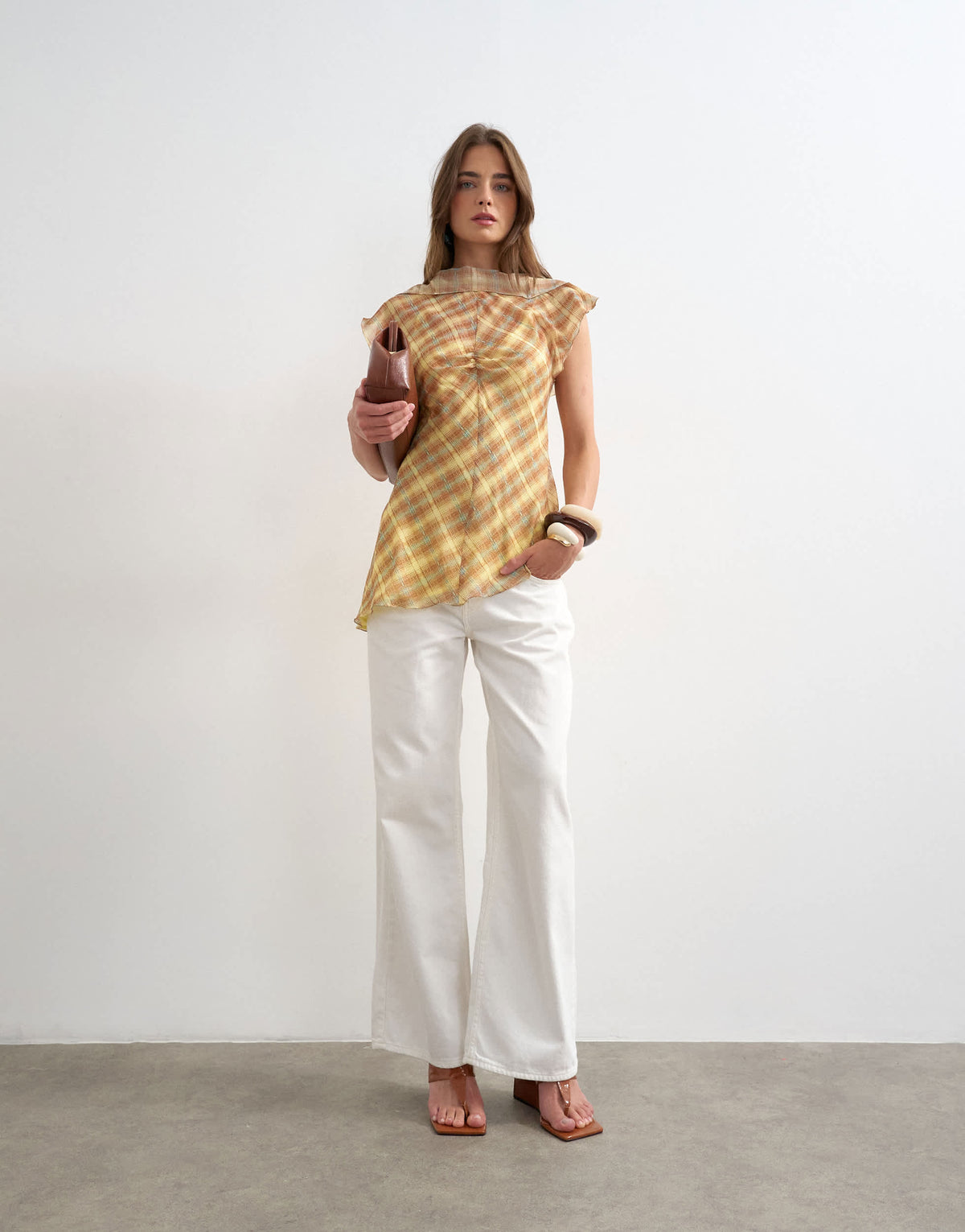 Topshop sheer drape neck top in warped pastel check