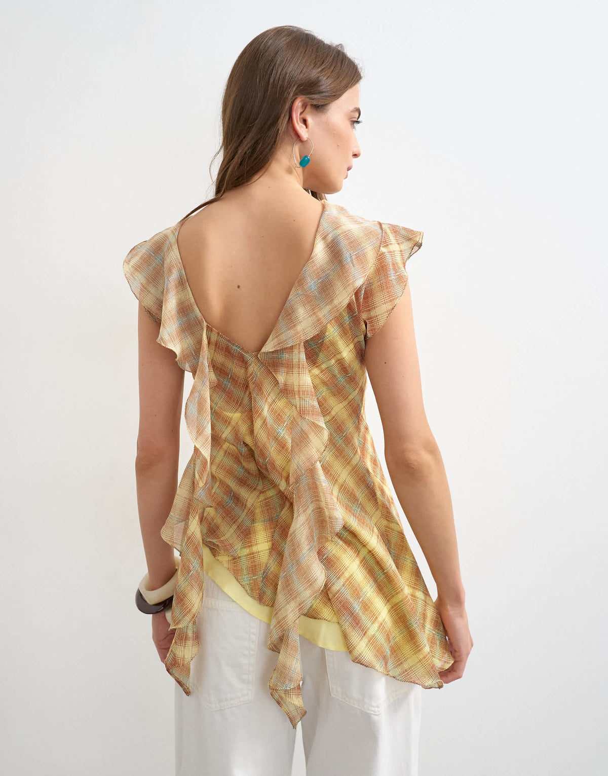 Topshop sheer drape neck top in warped pastel check