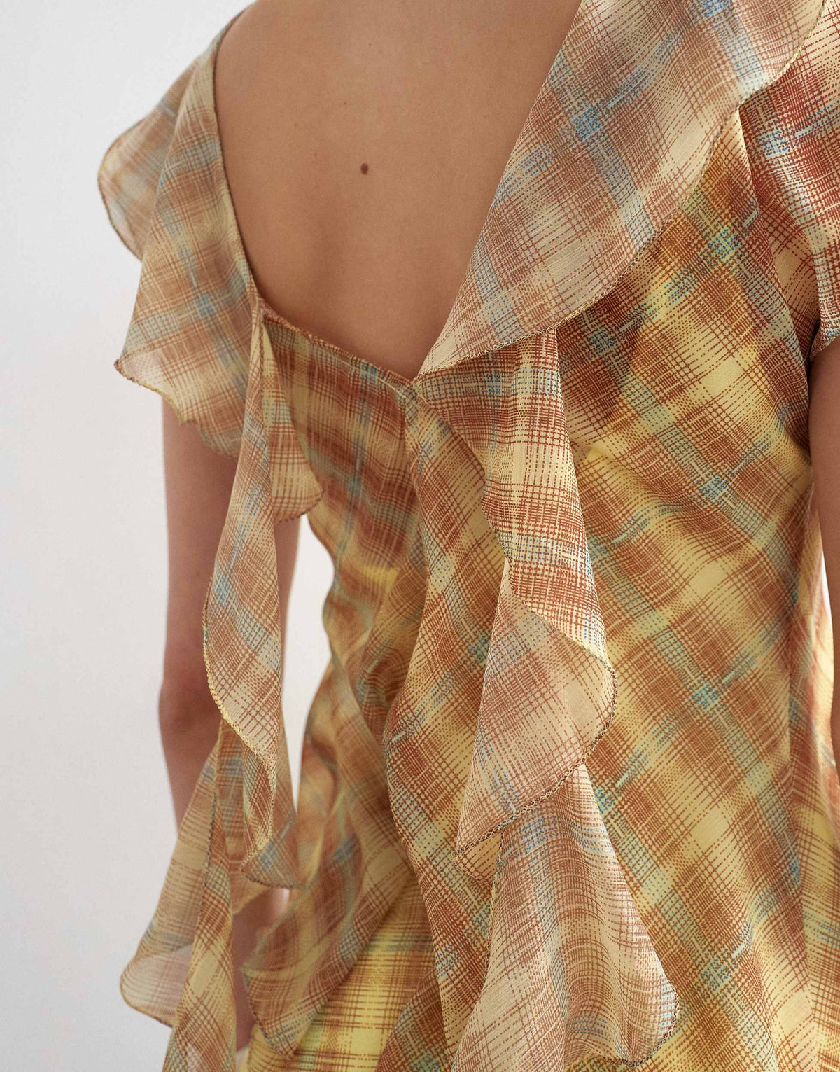 Topshop sheer drape neck top in warped pastel check