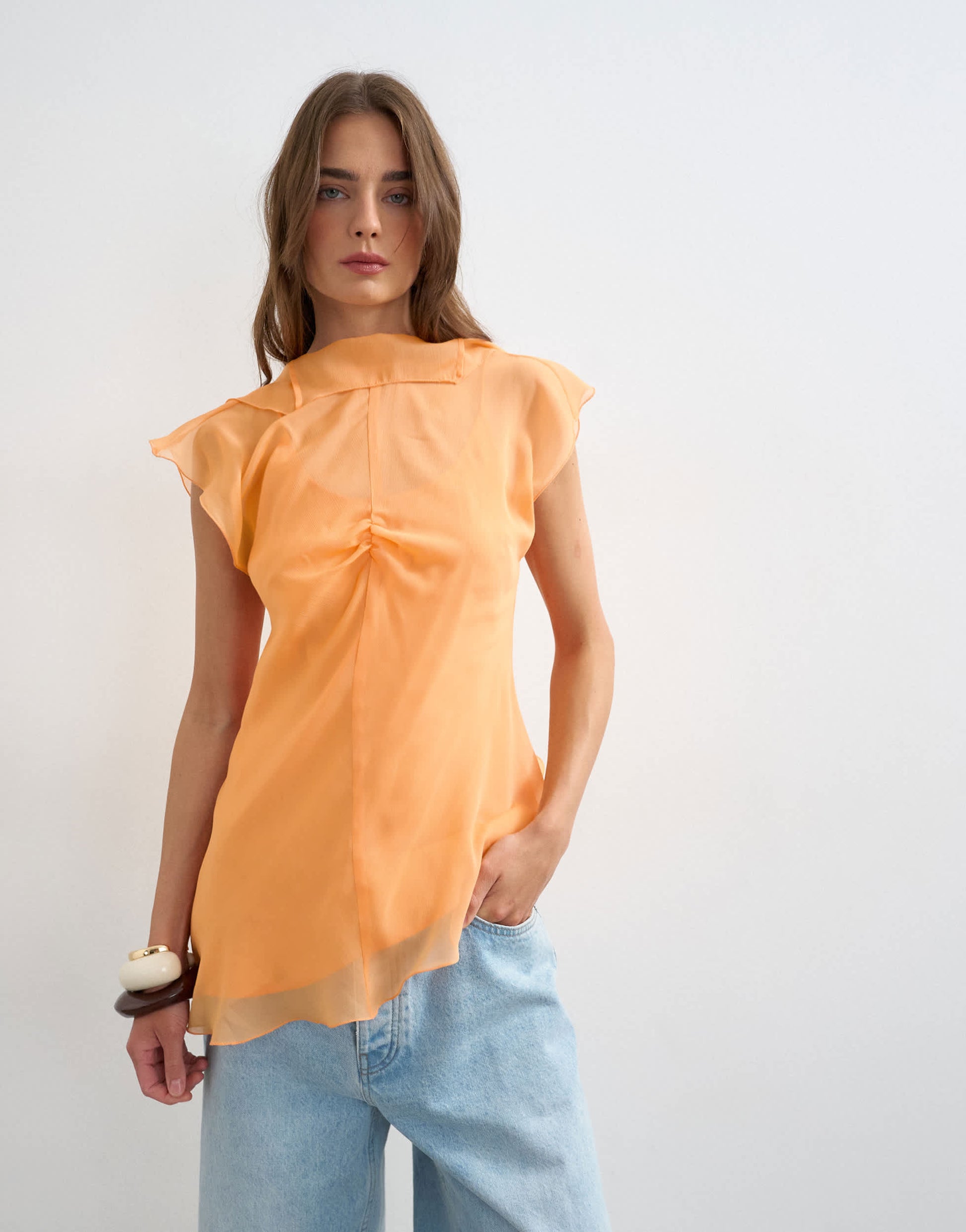 Topshop sheer drape neck top in rust