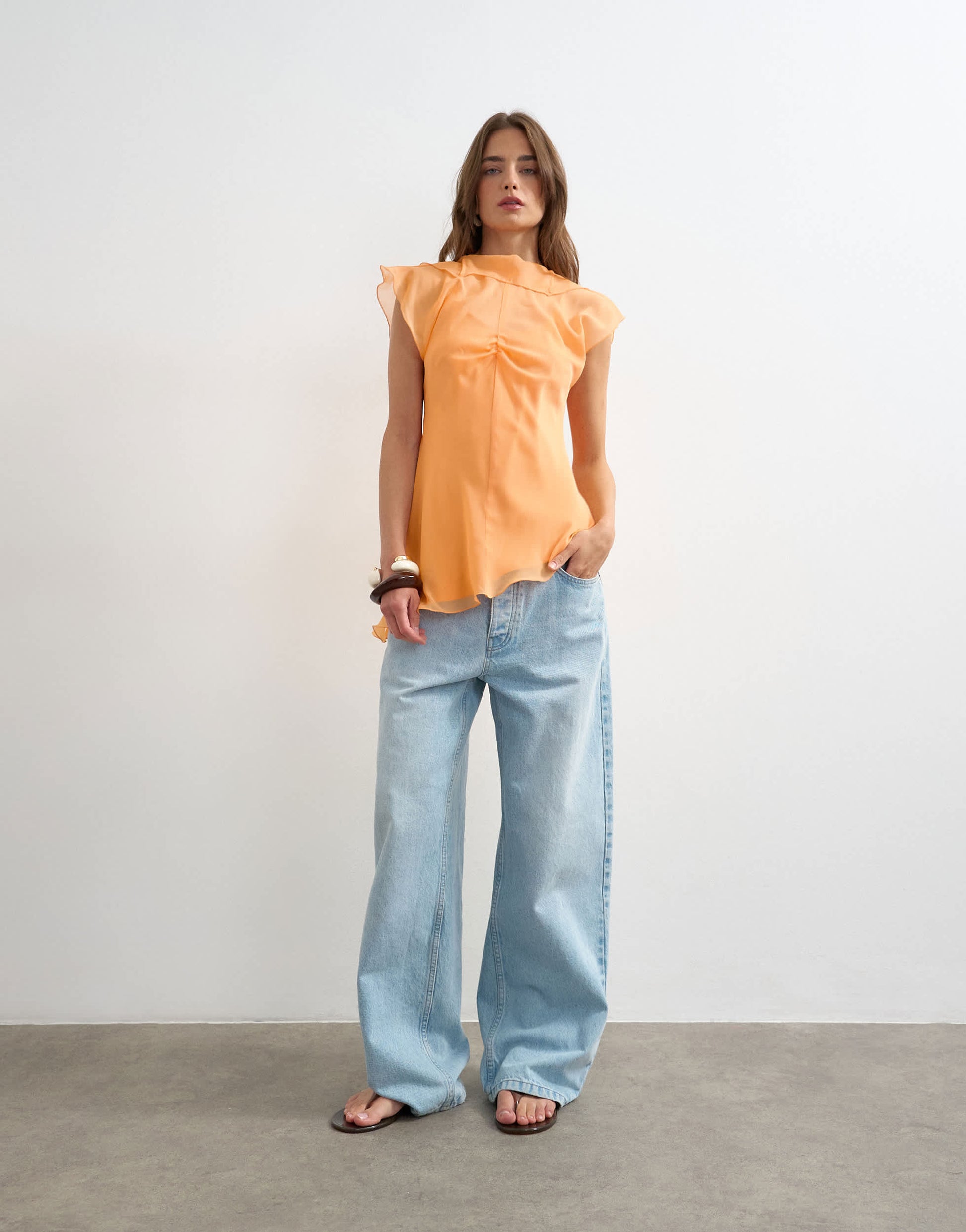 Topshop sheer drape neck top in rust