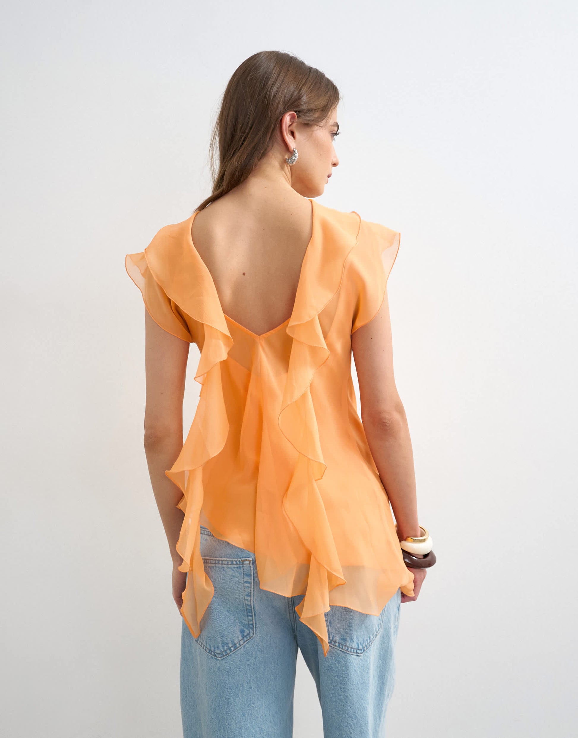 Topshop sheer drape neck top in rust