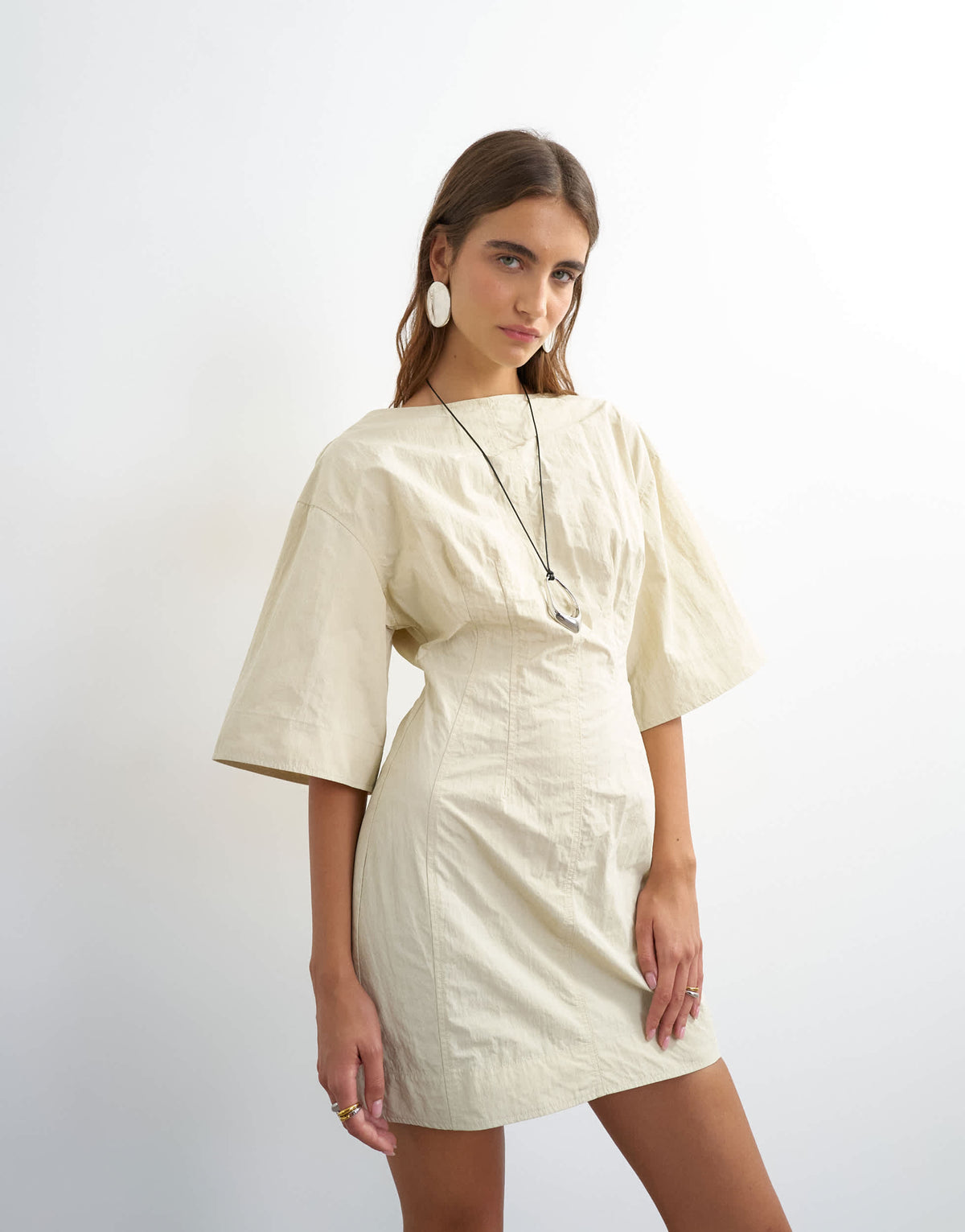 Topshop short sleeve slash neck structured mini dress in off white