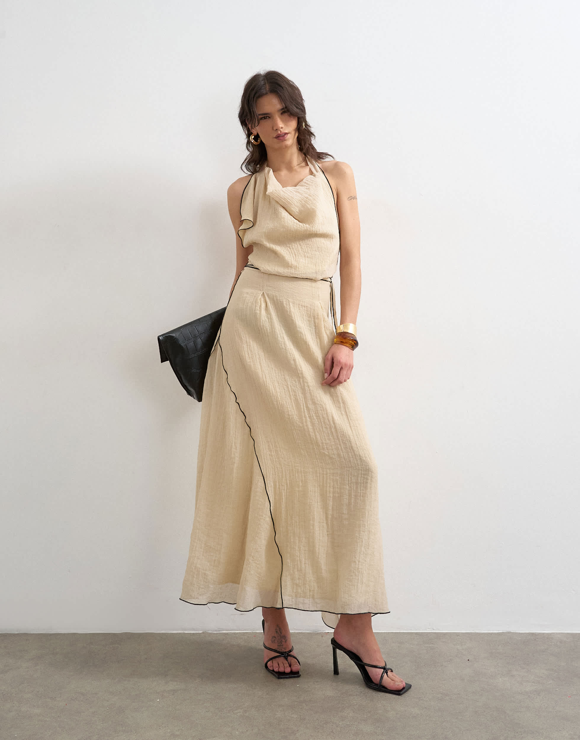 Topshop tie waist halter neck maxi dress with contrast trim in ecru