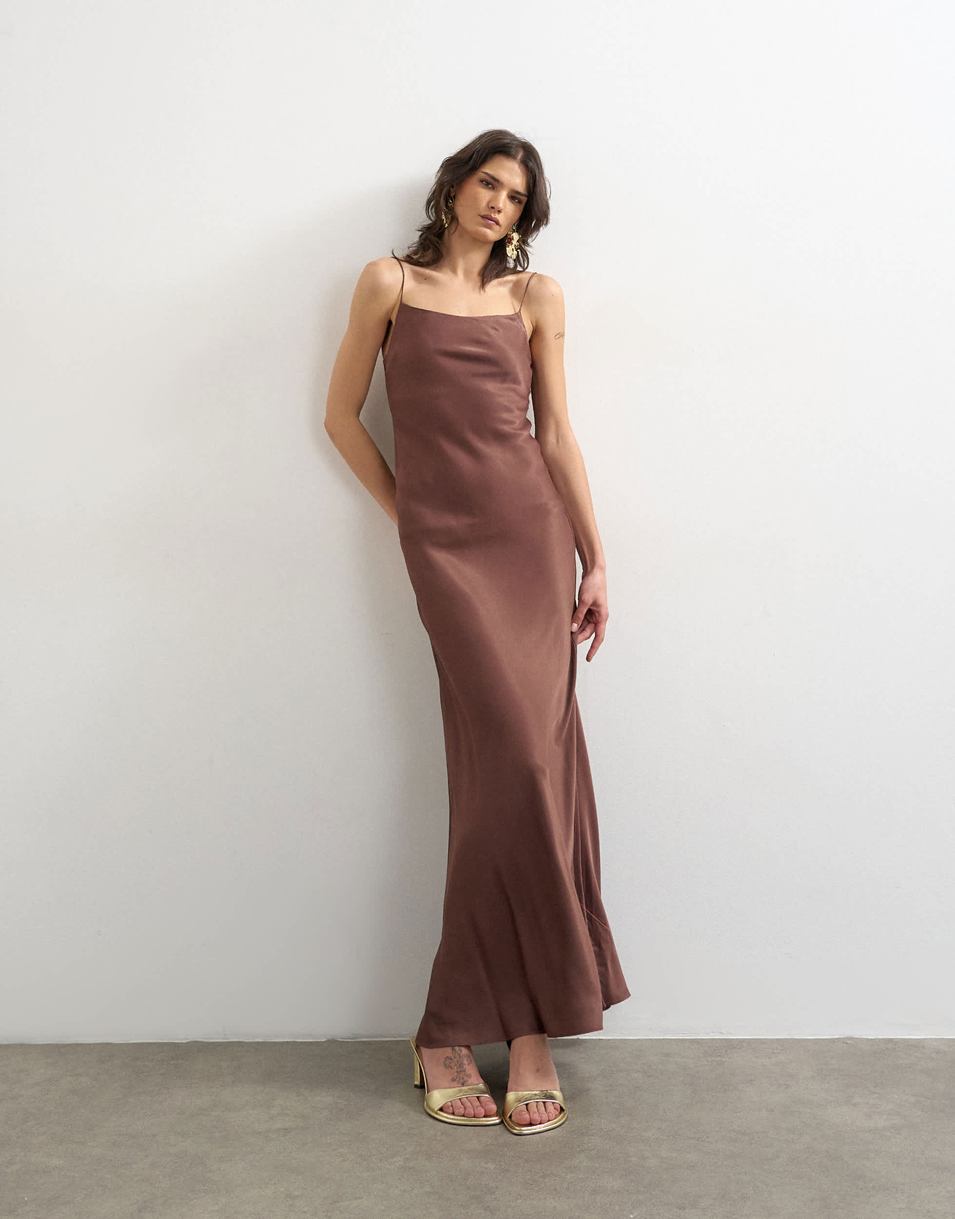 Topshop low scoop satin flood length slip dress in chocolate