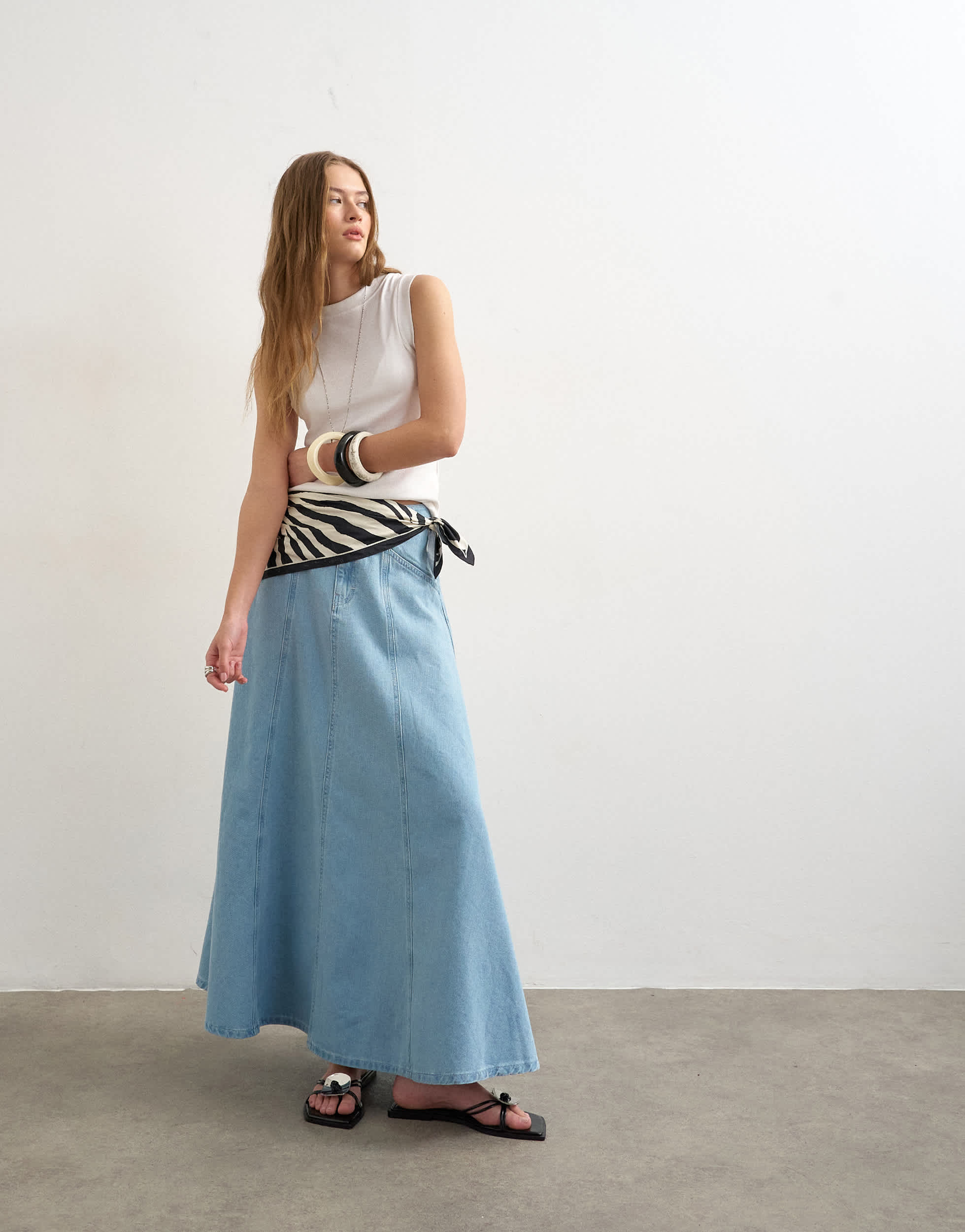 Topshop denim seamed circle skirt in bleach