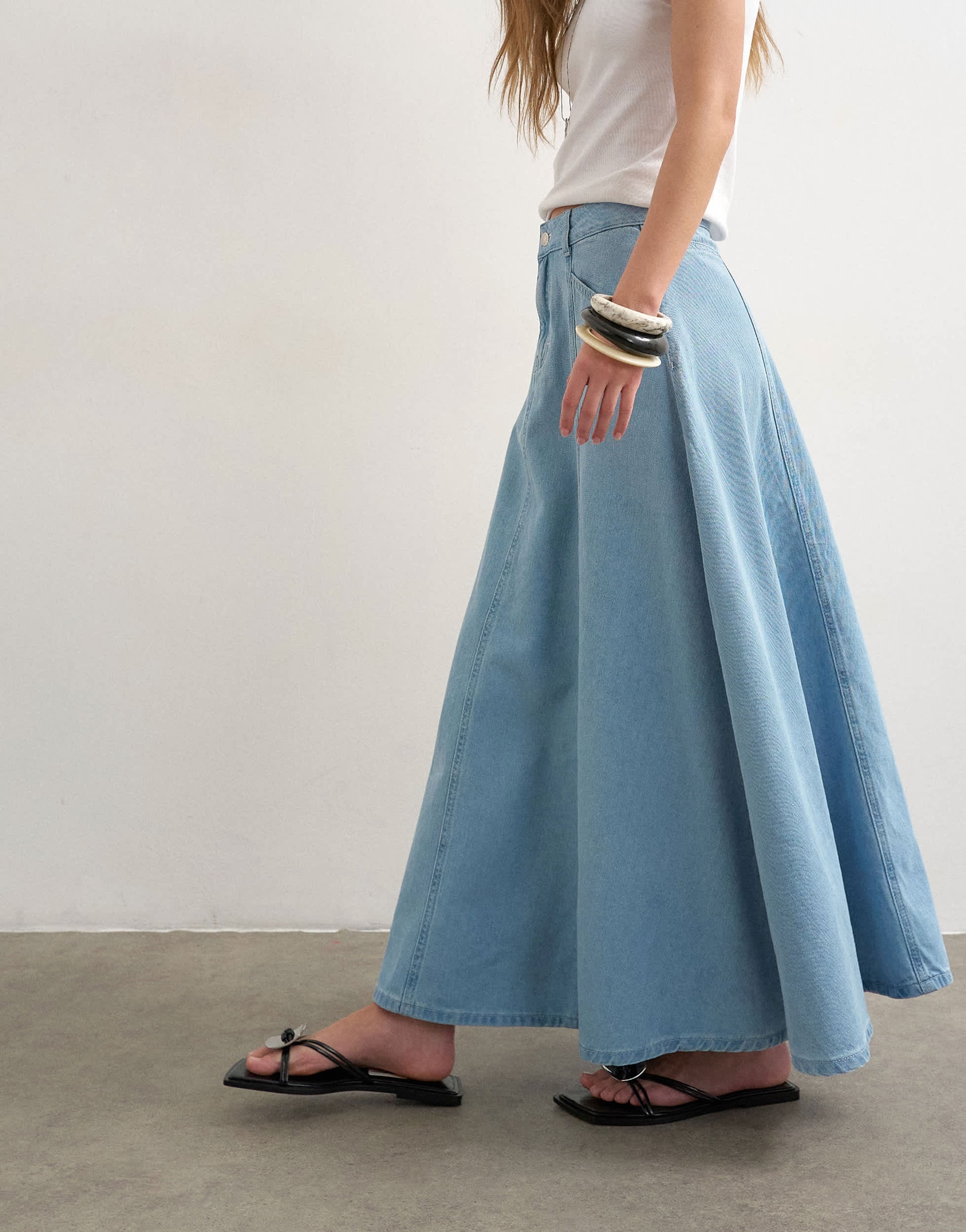 Topshop denim seamed circle skirt in bleach