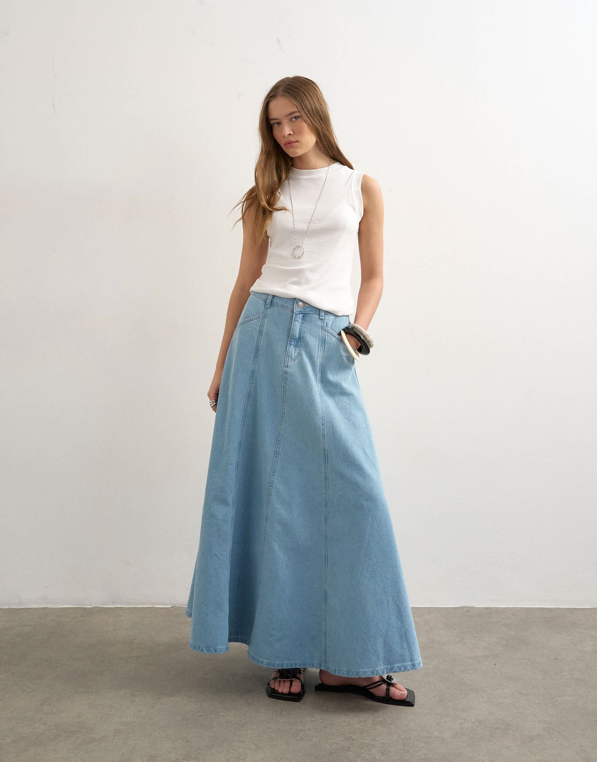 Topshop denim seamed circle skirt in bleach