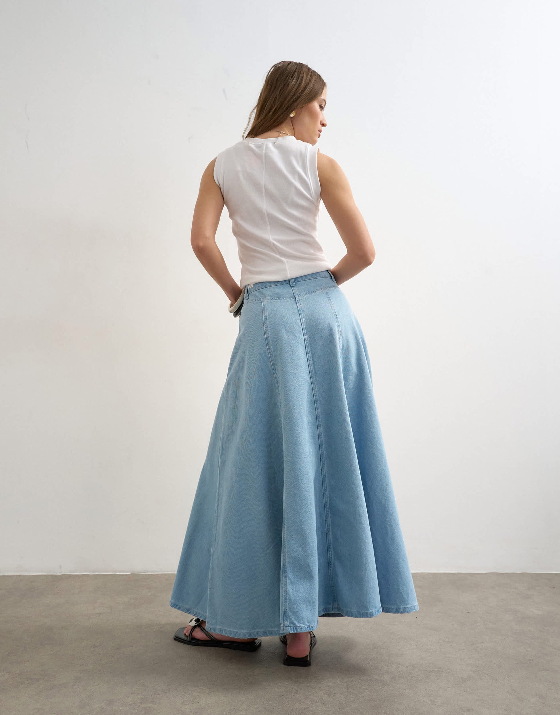Topshop denim seamed circle skirt in bleach