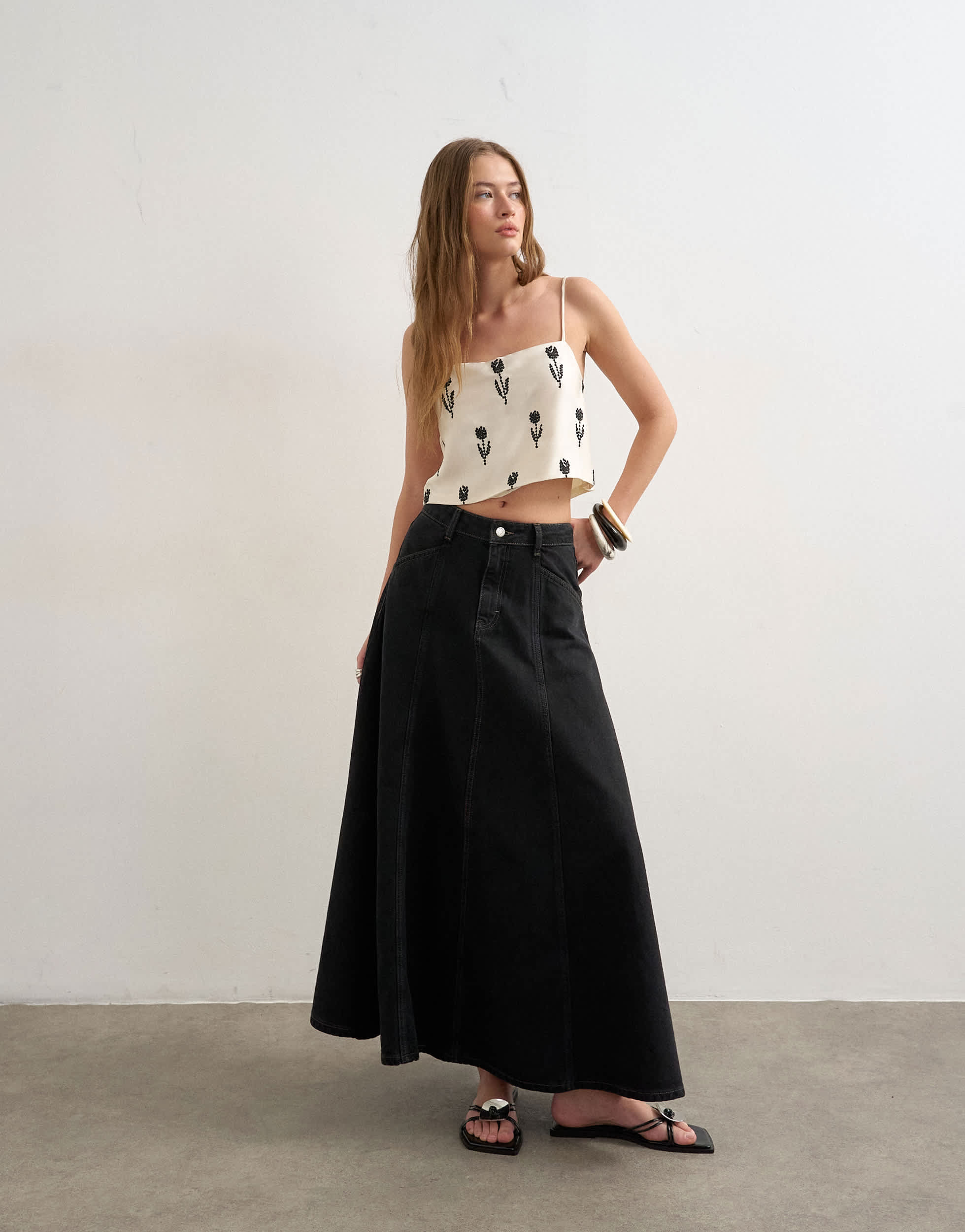 Topshop denim seamed circle skirt in washed black