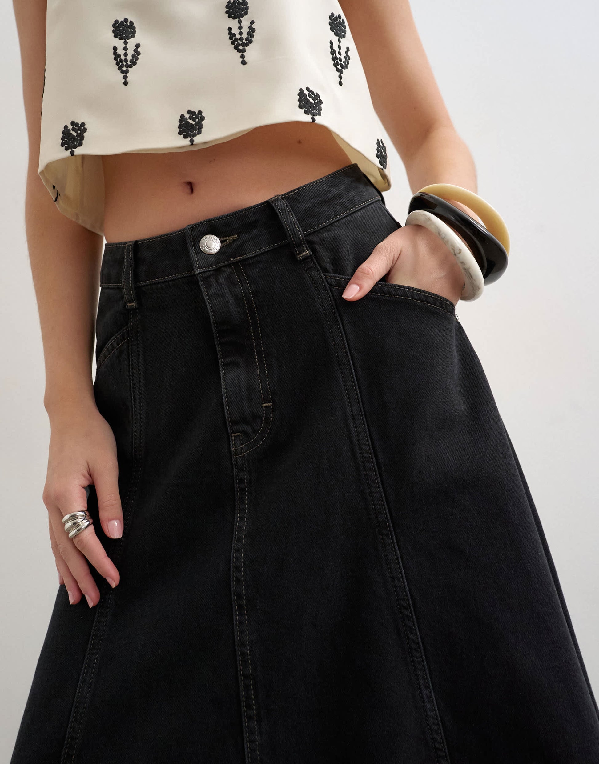 Topshop denim seamed circle skirt in washed black