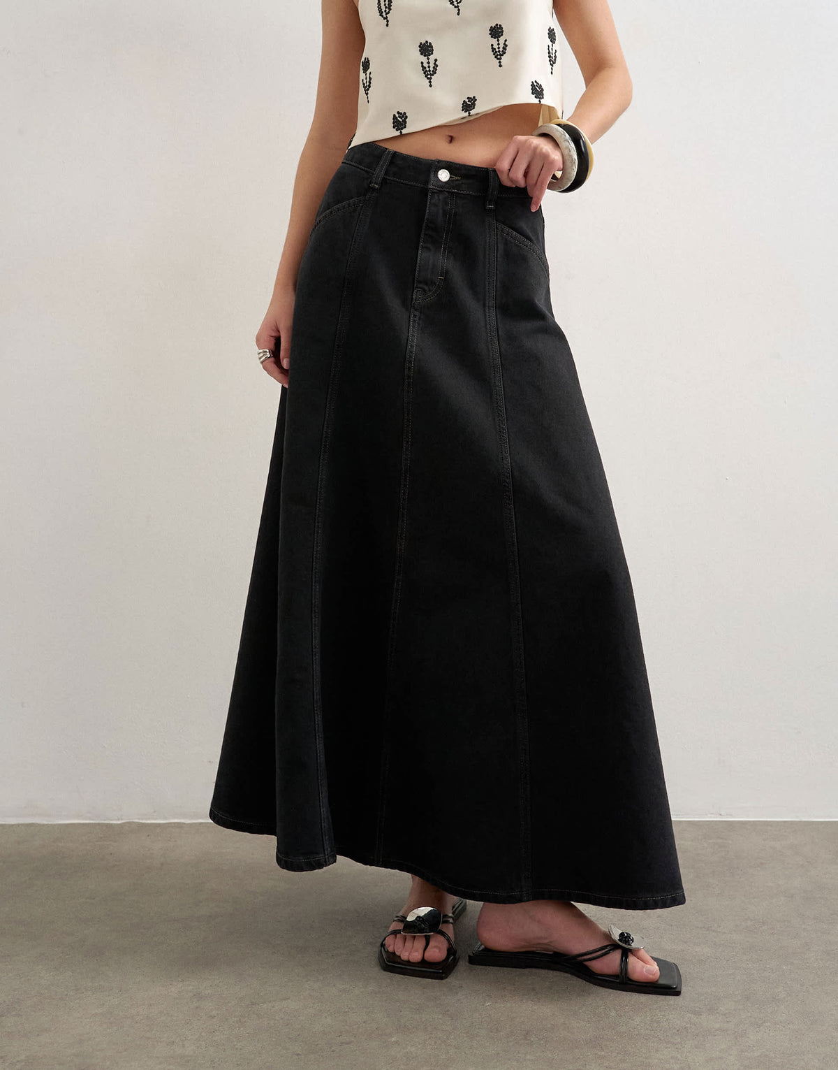 Topshop denim seamed circle skirt in washed black