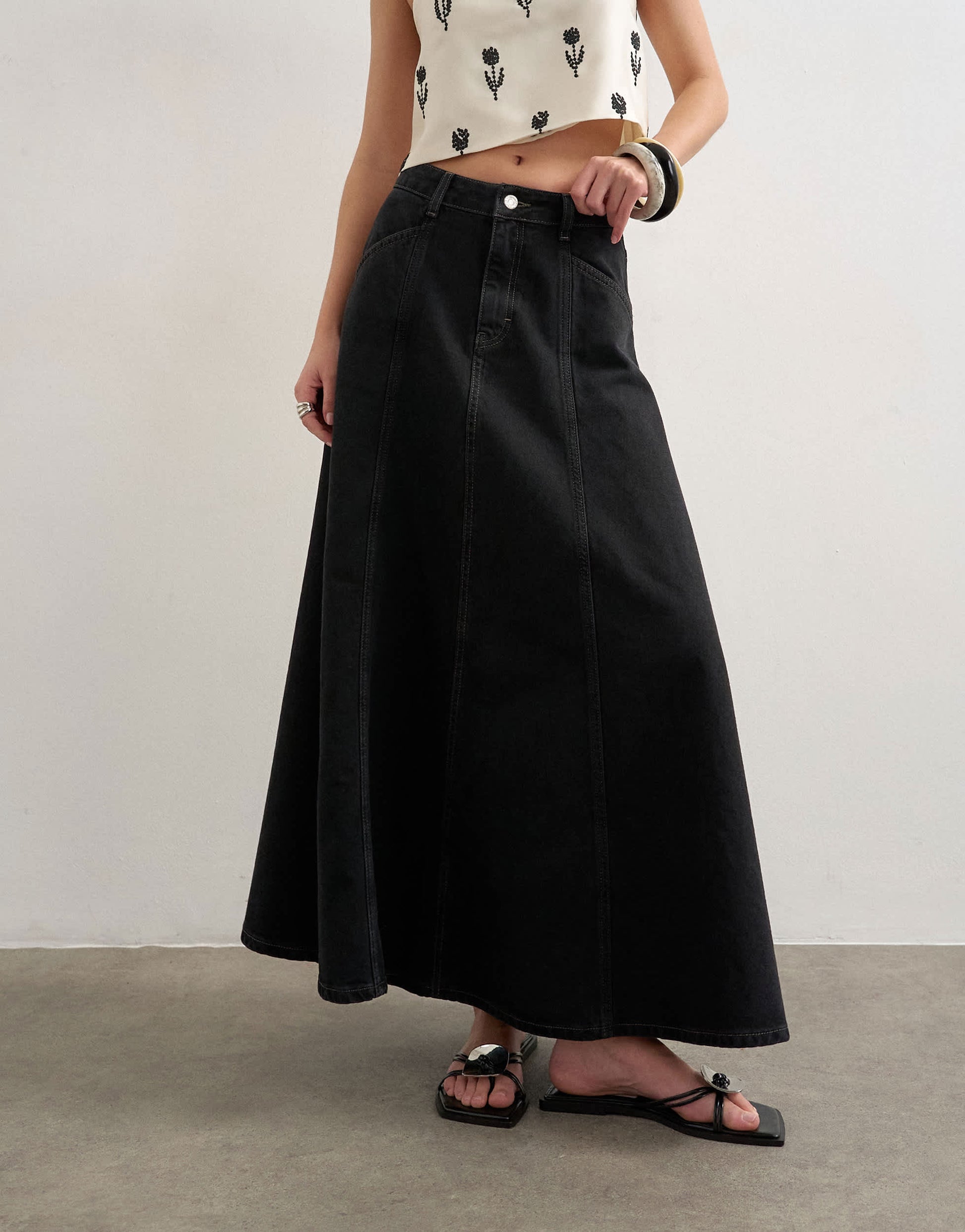 Topshop denim seamed circle skirt in washed black