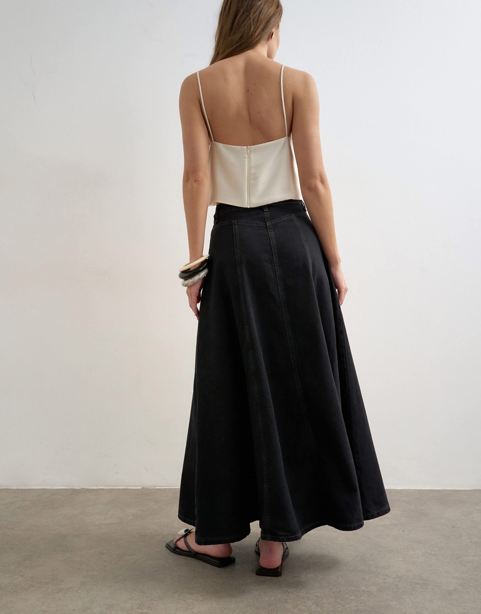 Topshop denim seamed circle skirt in washed black