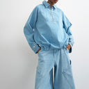 Topshop denim collared quarter zip blouson jacket in mid blue