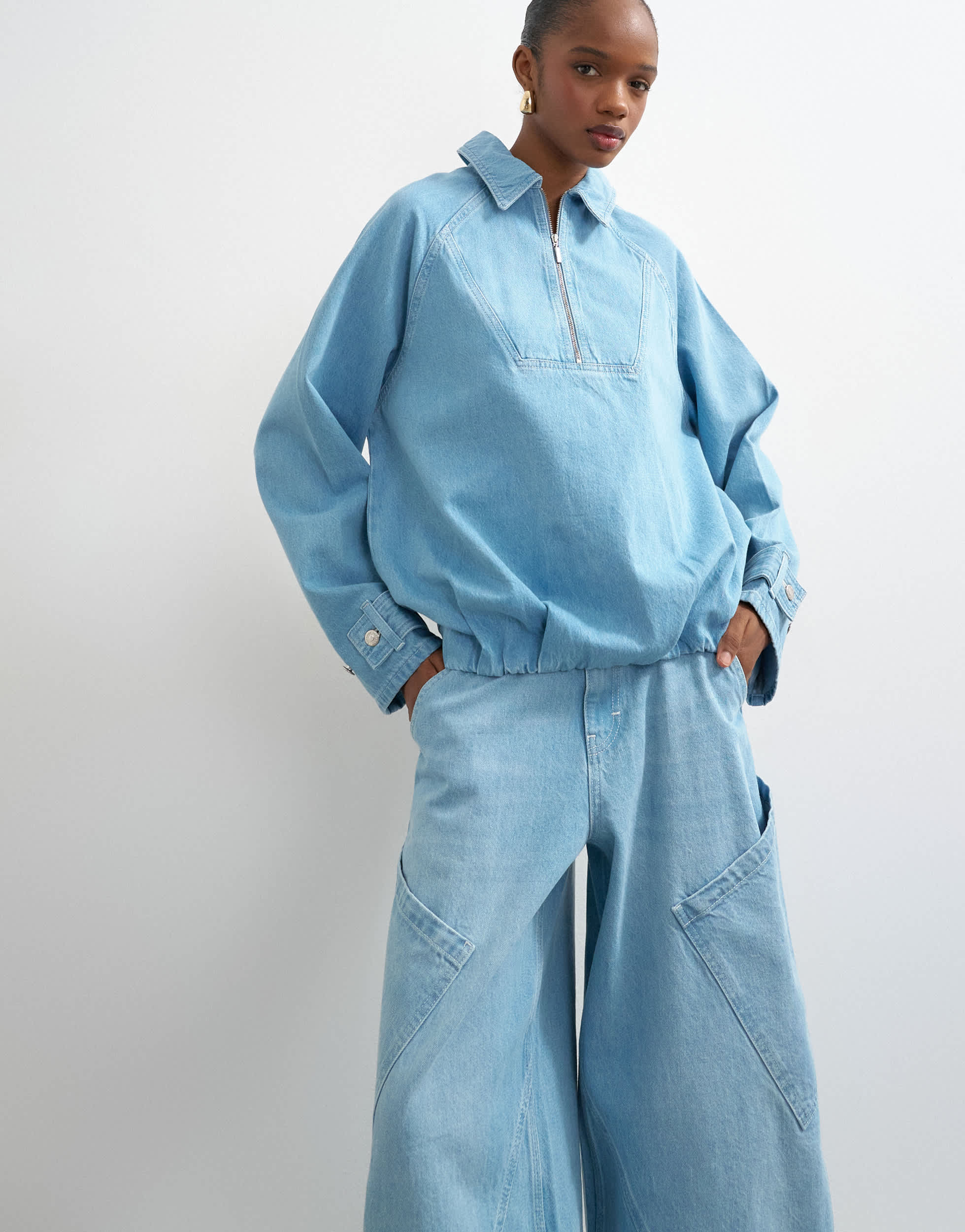 Topshop denim collared quarter zip blouson jacket in mid blue