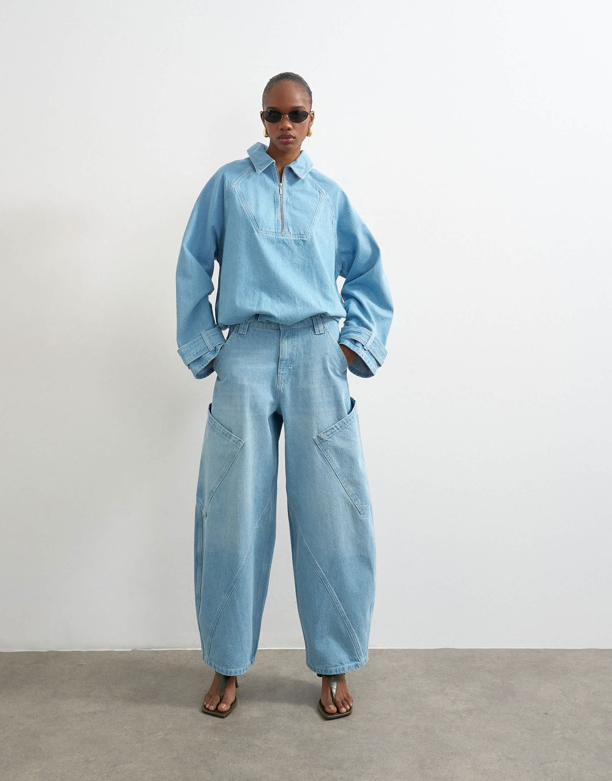 Topshop denim collared quarter zip blouson jacket in mid blue