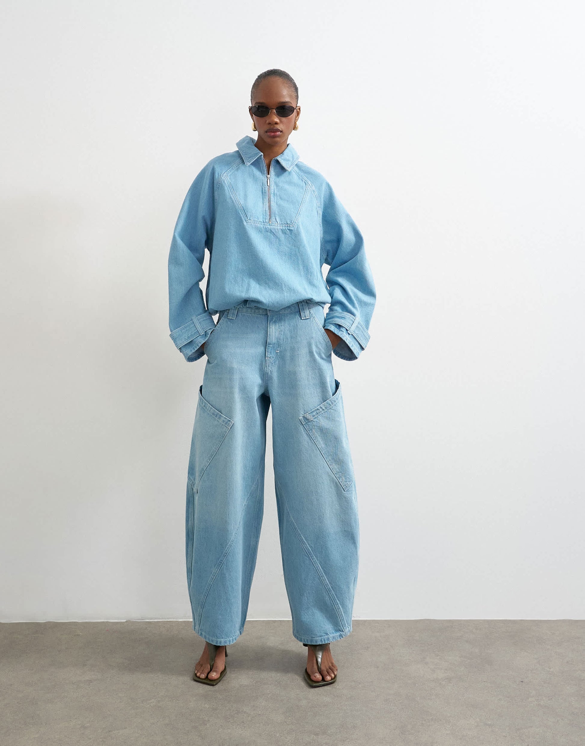 Topshop denim collared quarter zip blouson jacket in mid blue
