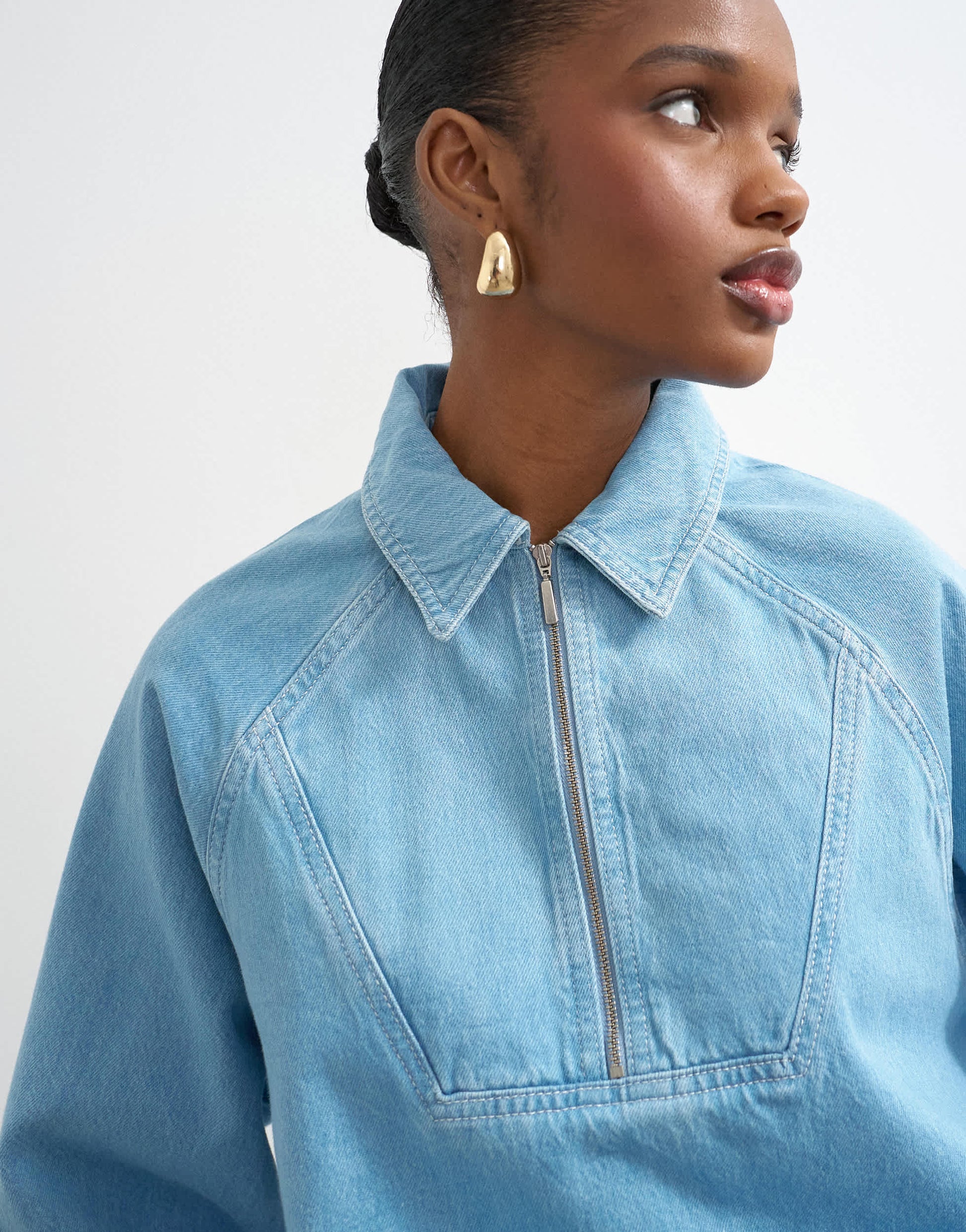 Topshop denim collared quarter zip blouson jacket in mid blue