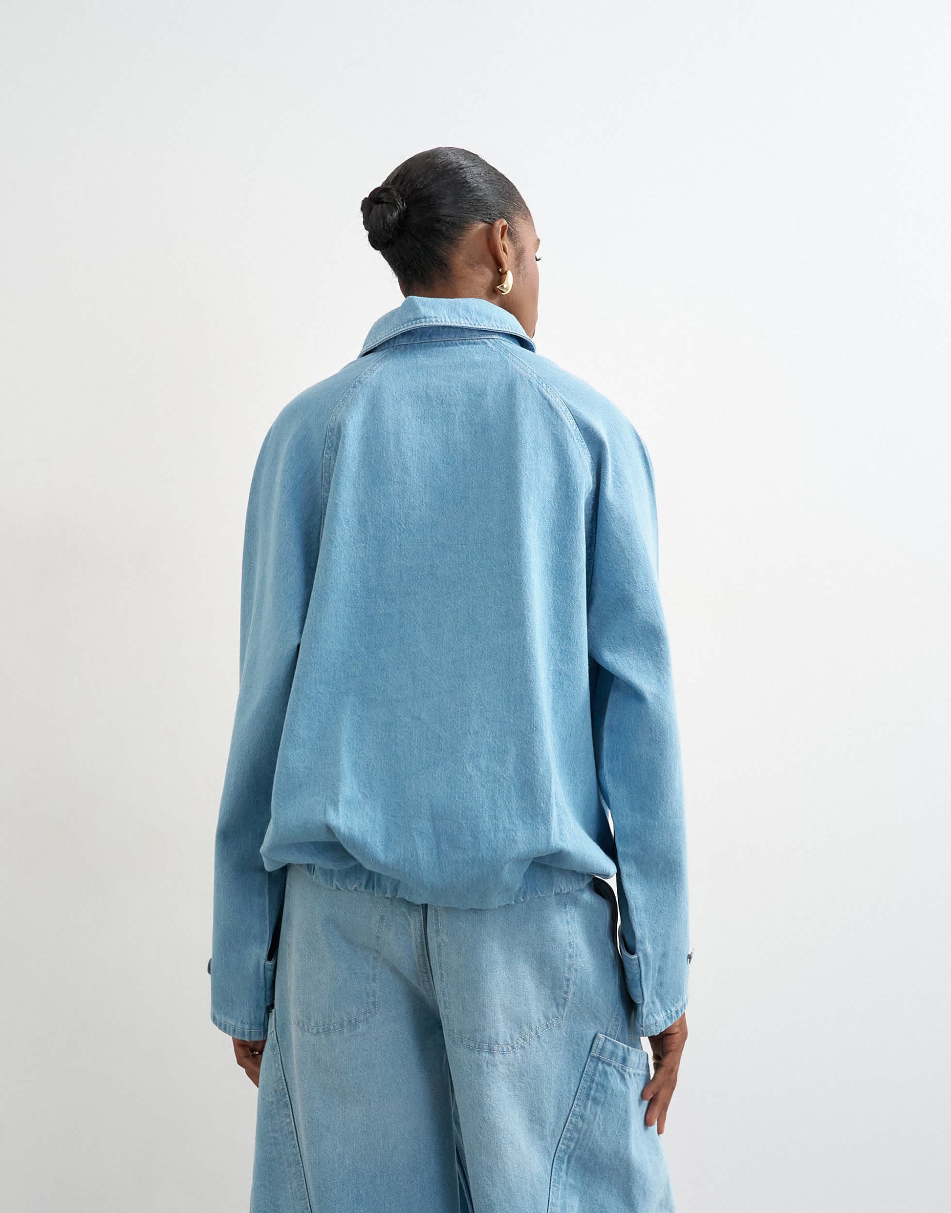 Topshop denim collared quarter zip blouson jacket in mid blue