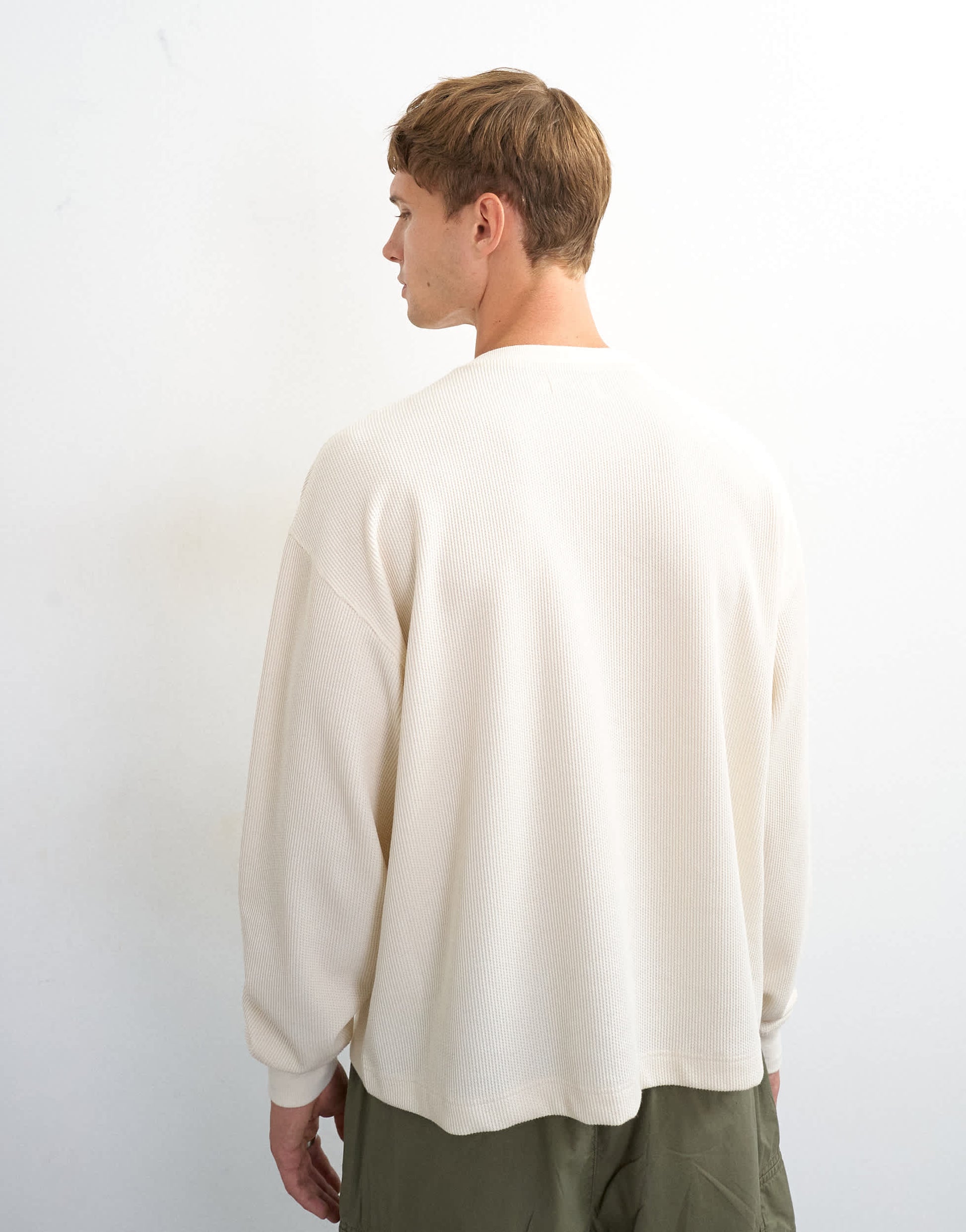 Topman relaxed fit crop pique waffle long sleeve t-shirt in ecru