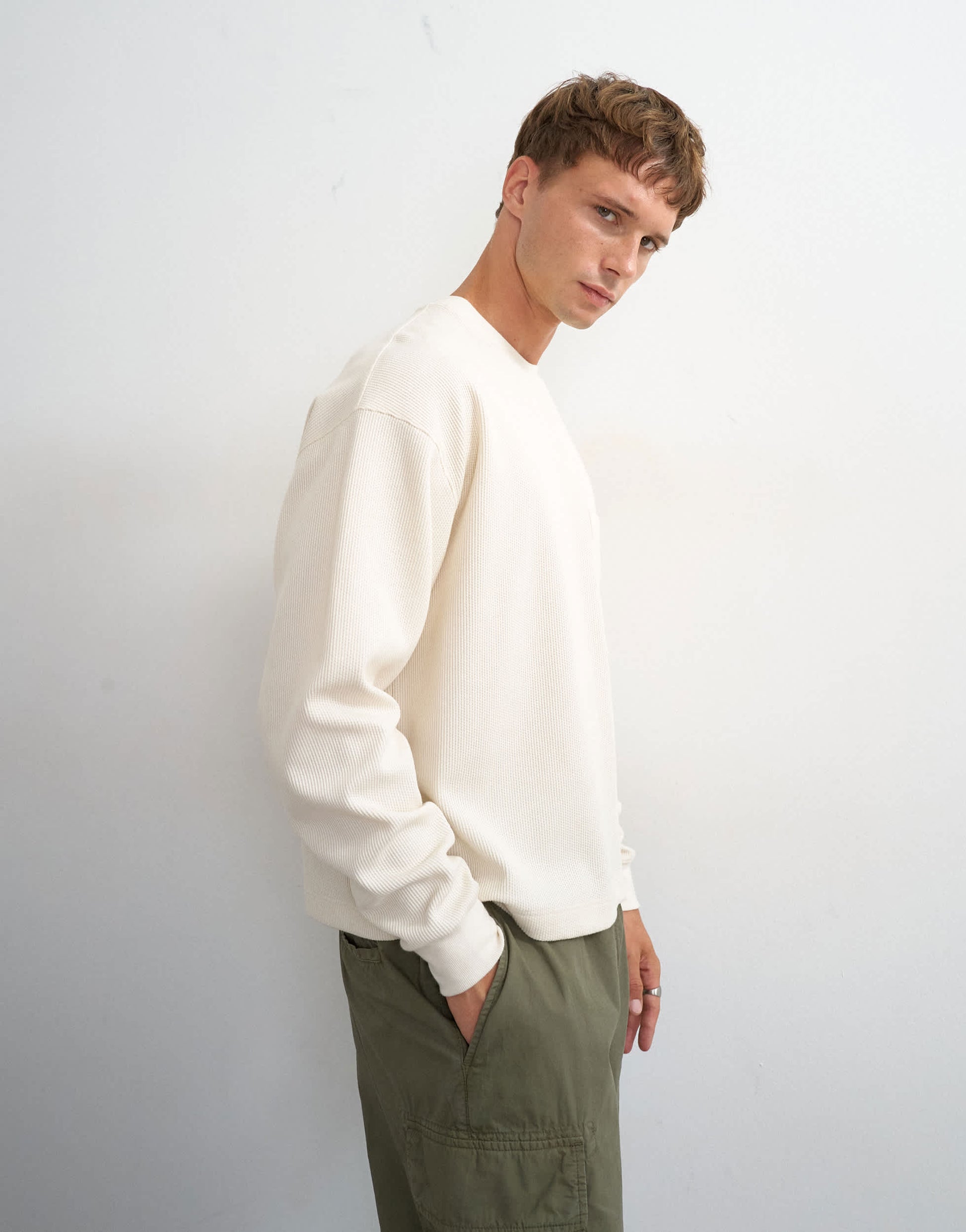 Topman relaxed fit crop pique waffle long sleeve t-shirt in ecru