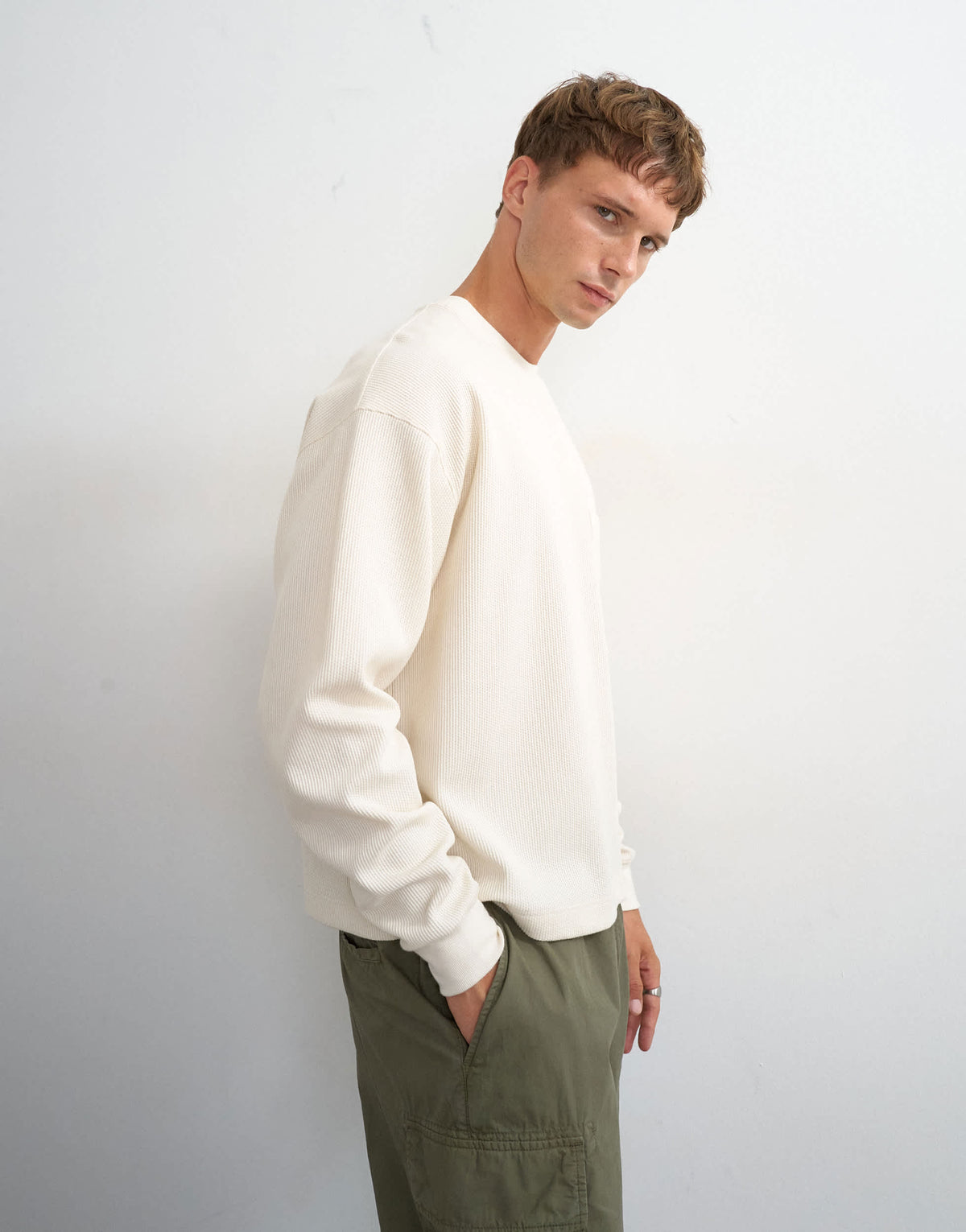 Topman relaxed fit crop pique waffle long sleeve t-shirt in ecru